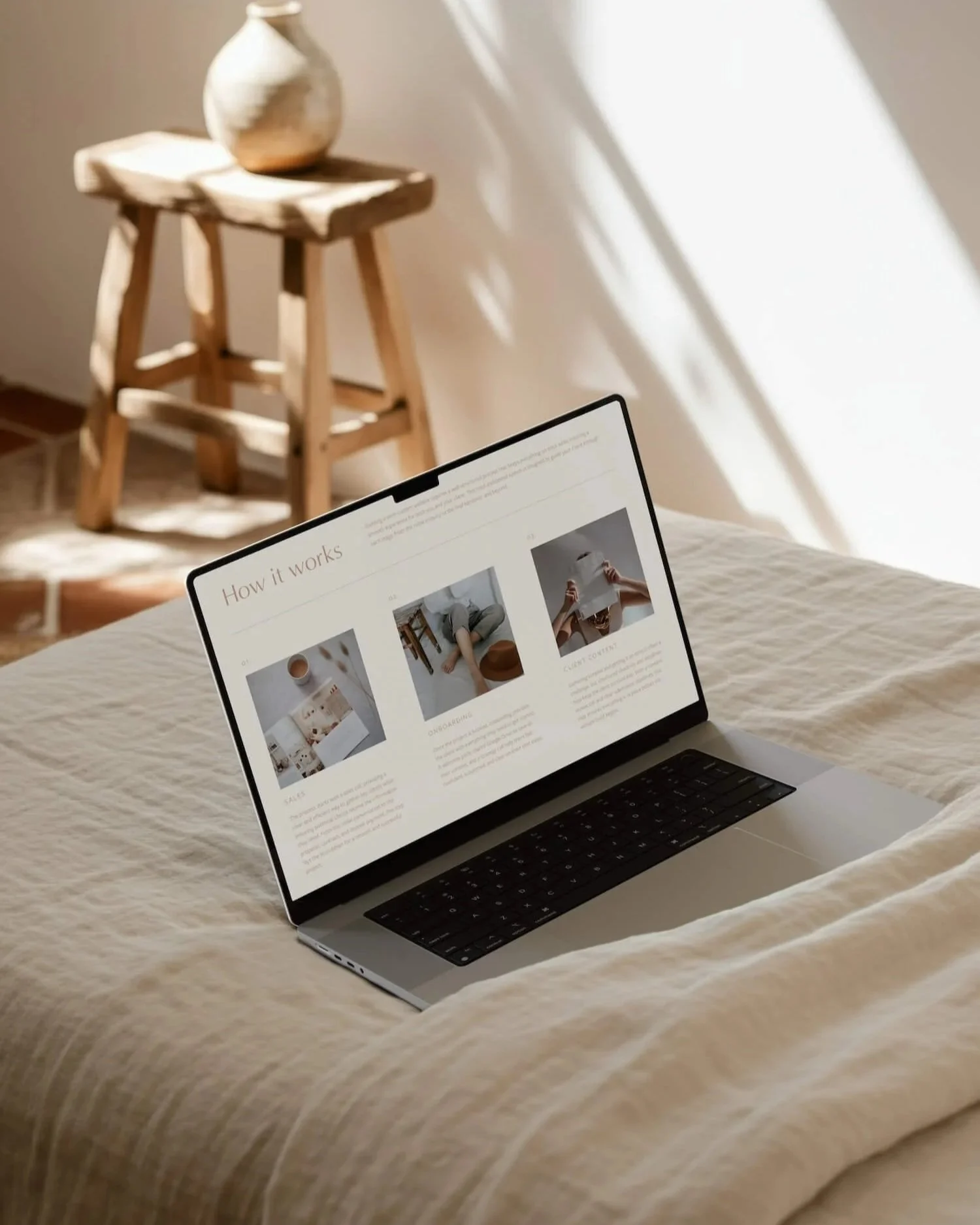 A laptop displaying page from inside the website project schedule showing three phases of a one-week website project