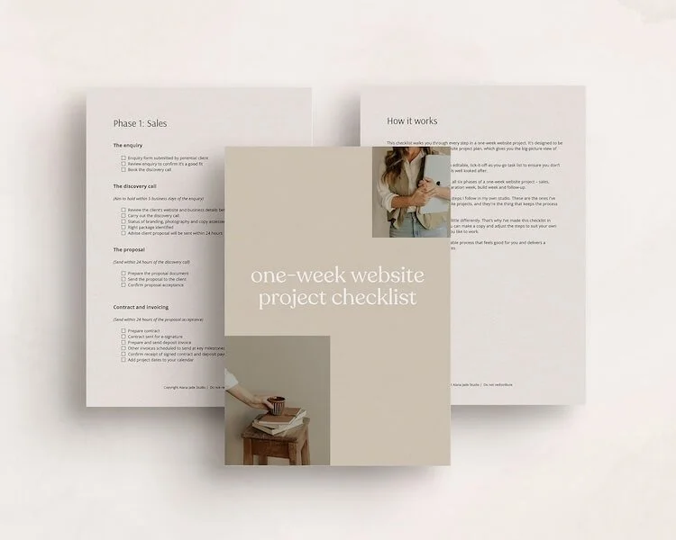 A flat-lay showing pages from inside the one-week website project checklist