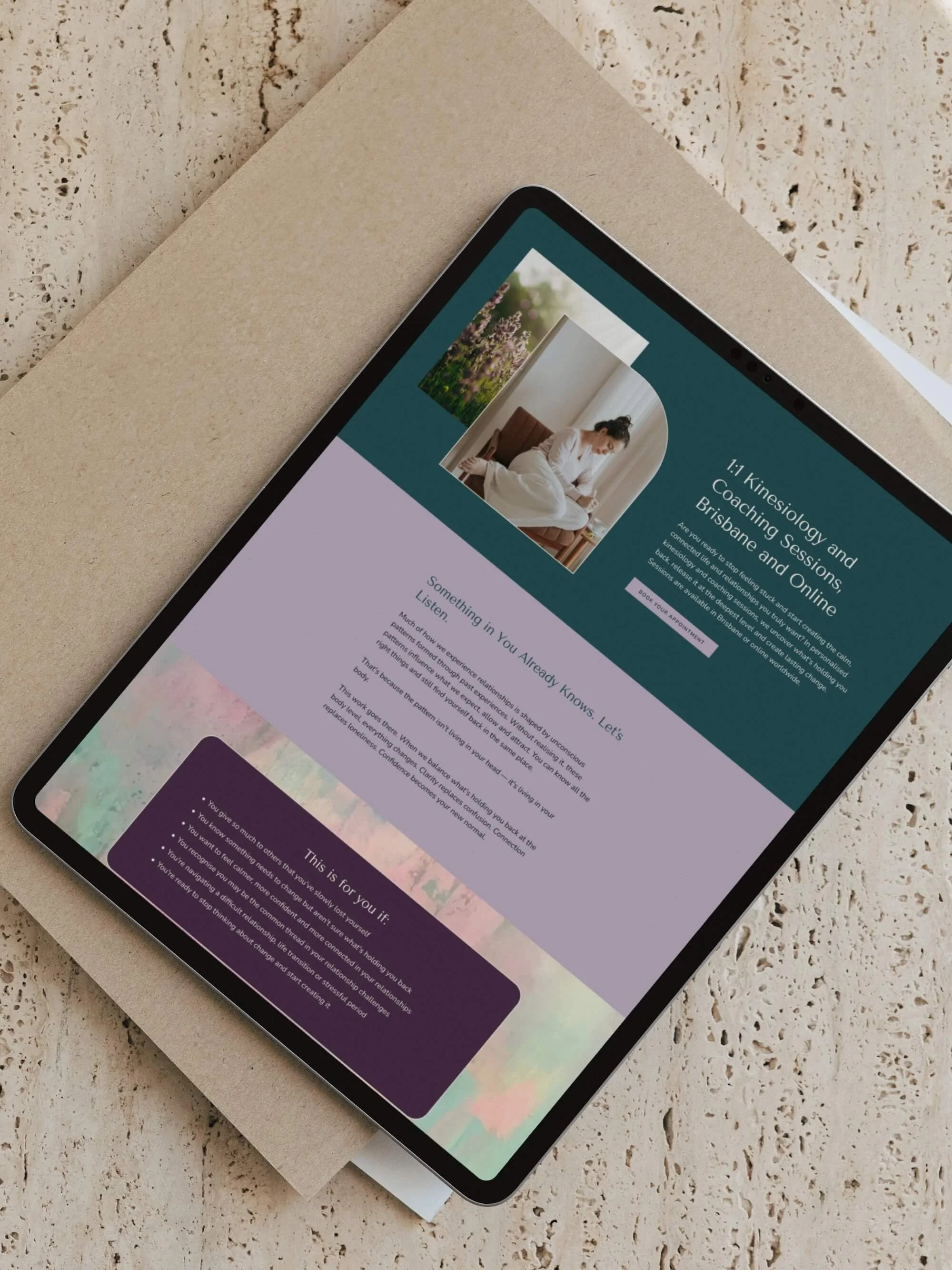 iPad showing a Squarespace website design for Kinesiologist and relationship coach