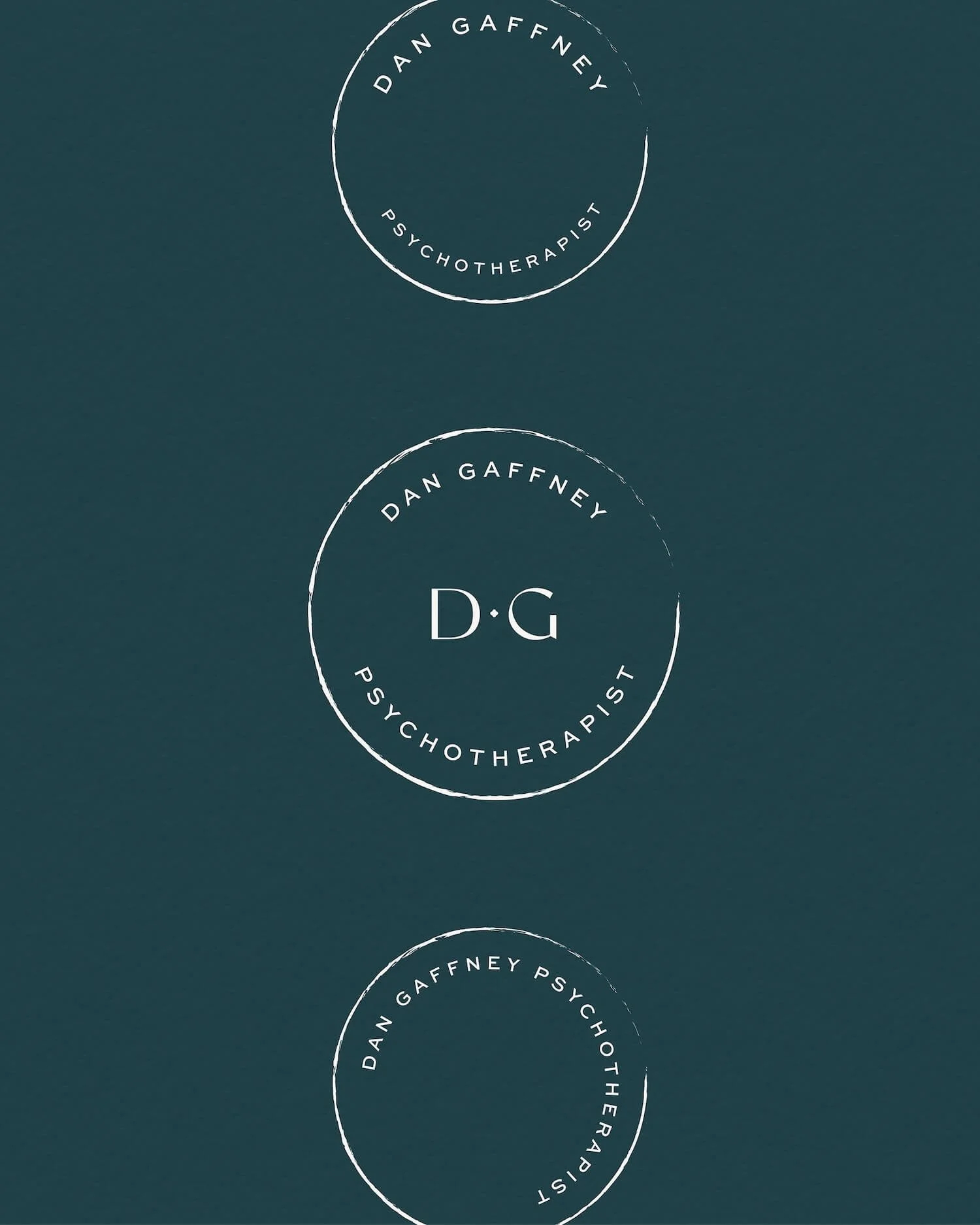 Brand mark suite for Blue Mountains psychotherapist Dan Gaffney, featuring three circular logo variations in white on a deep teal background, designed as part of a full branding and Squarespace website project.