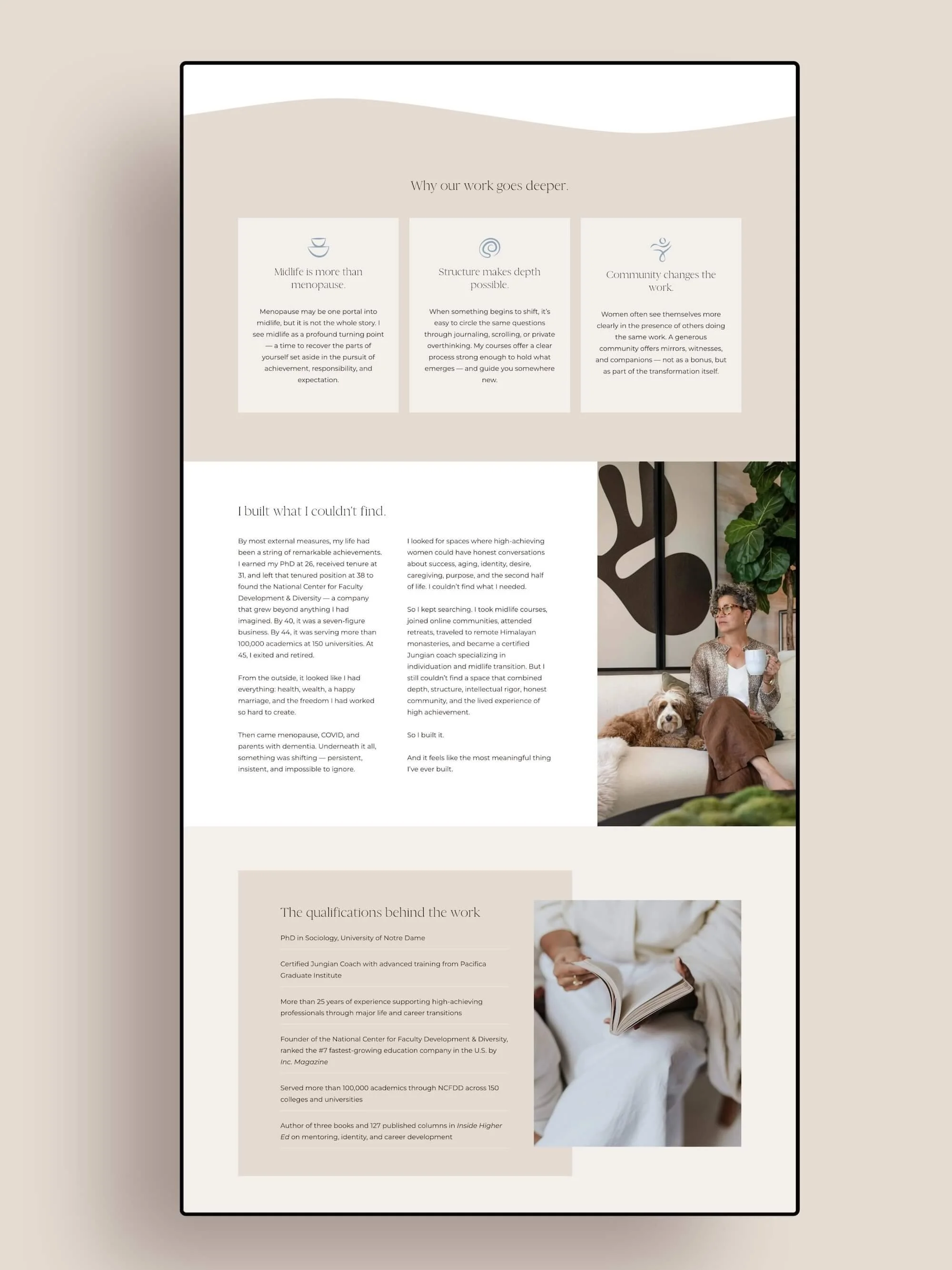 Center for Midlife Success website about page showing wavy section dividers, brand icons, earthy neutral tones, and a two-column layout with photography of Kerry Ann Rockquemore seated with her dog.