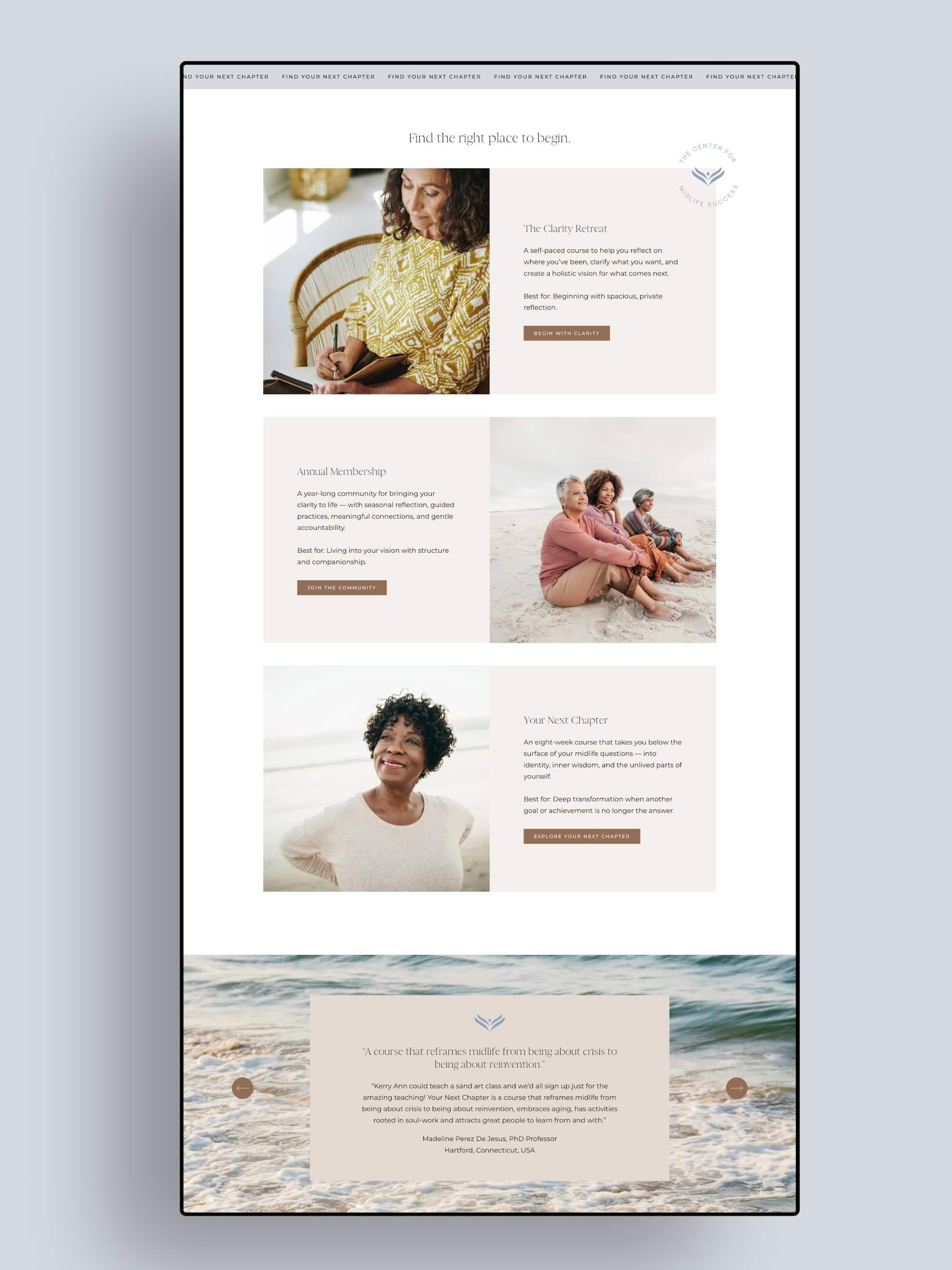Center for Midlife Success Squarespace website services page showing three course offerings with curated stock photography, soft neutral layouts, and an ocean testimonial section.