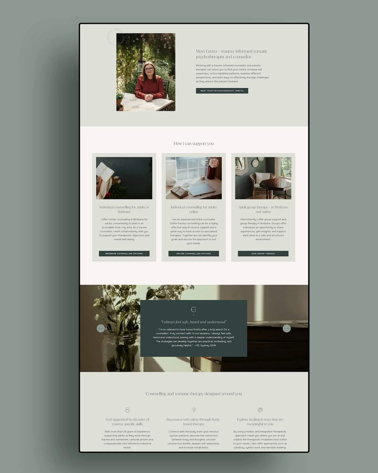 Extended screen mock-up of a homepage layout showing service and testimonial sections on website design for Gretta O'Hagan holistic counsellor Brisbane.