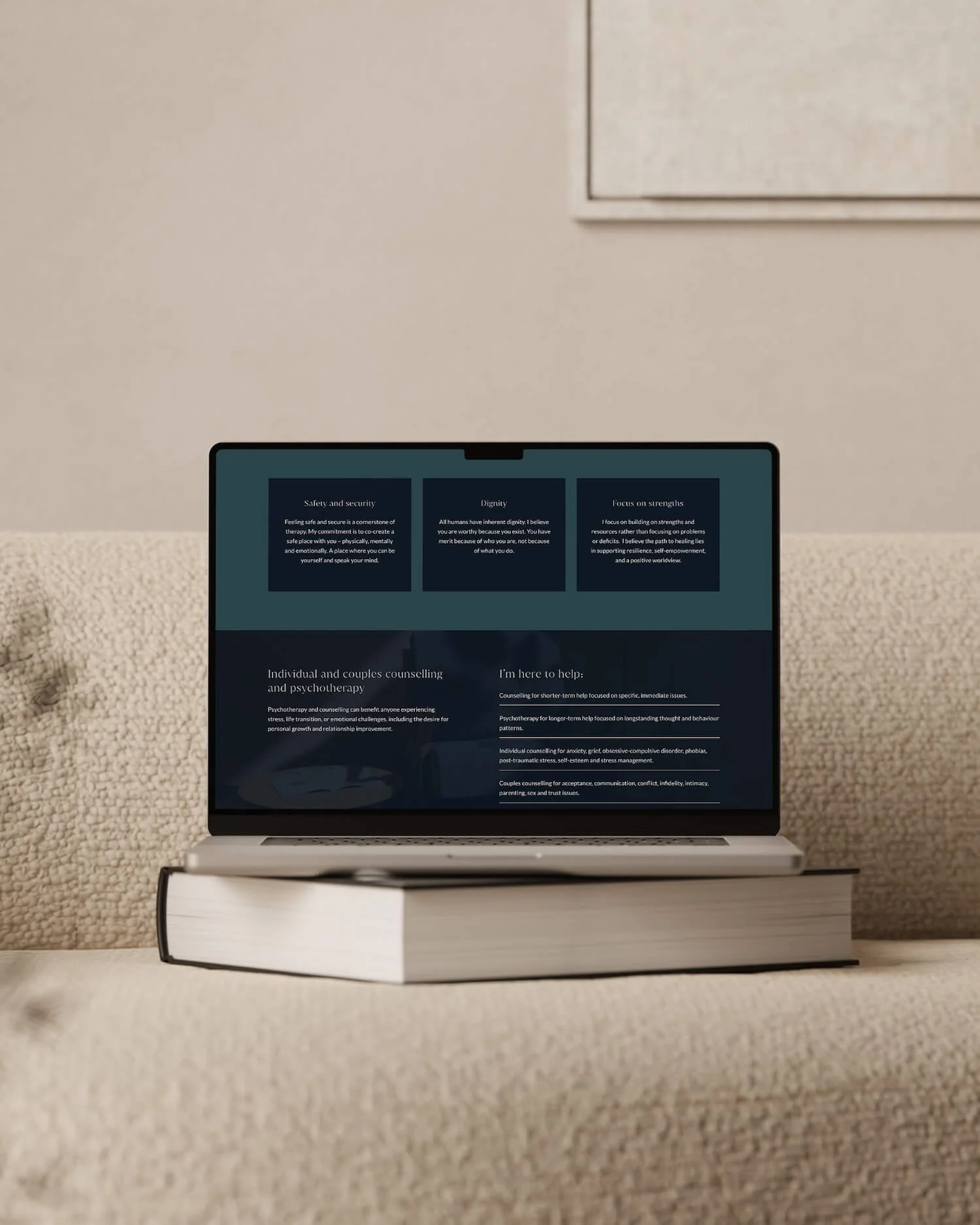 
Laptop mockup displaying the about page of Dan Gaffney Psychotherapist, with a rich dark sea colour palette and the circular DG brand mark visible in the corner.
