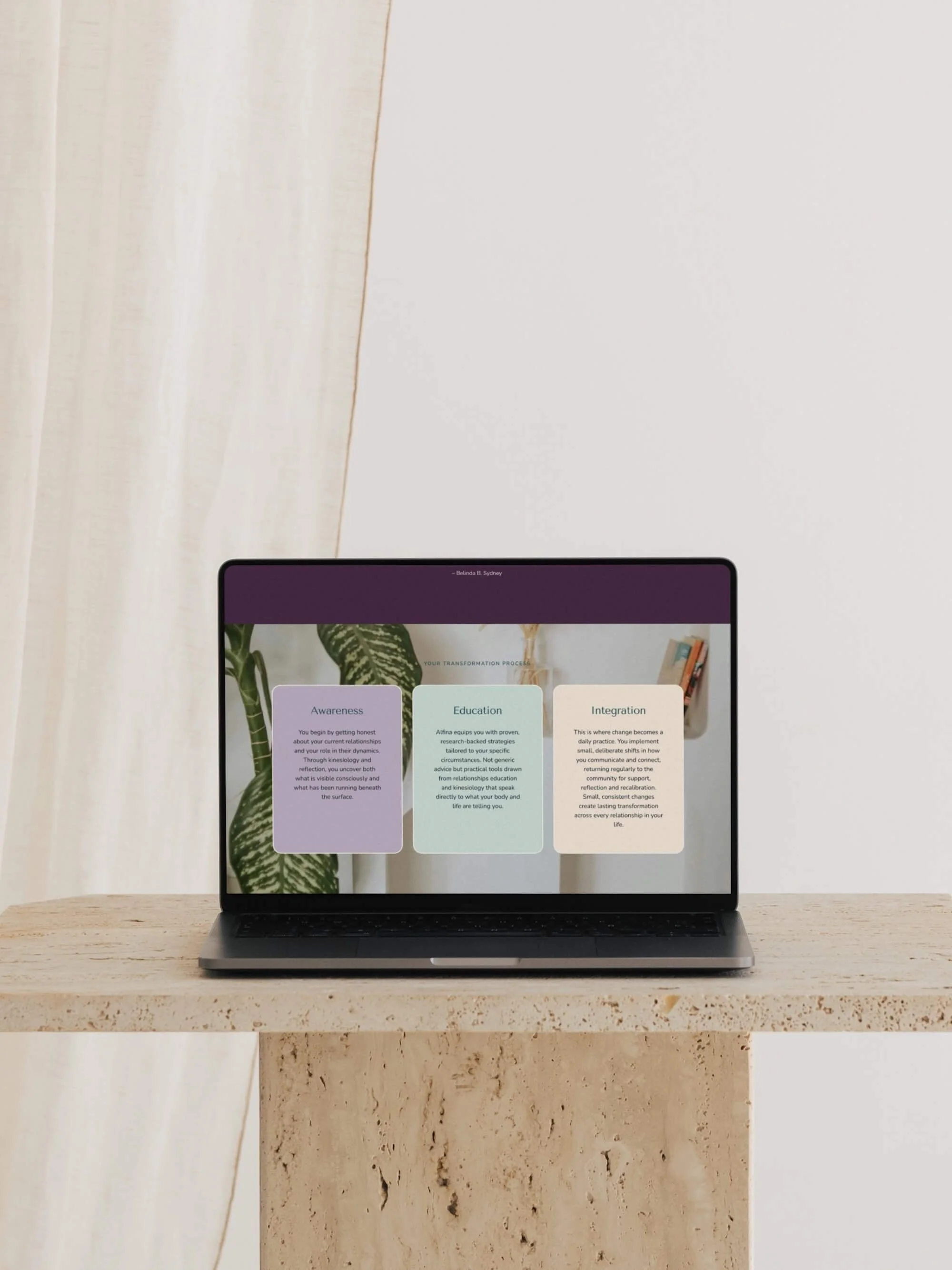 MacBook mockup of three pastel process cards on a coaching website