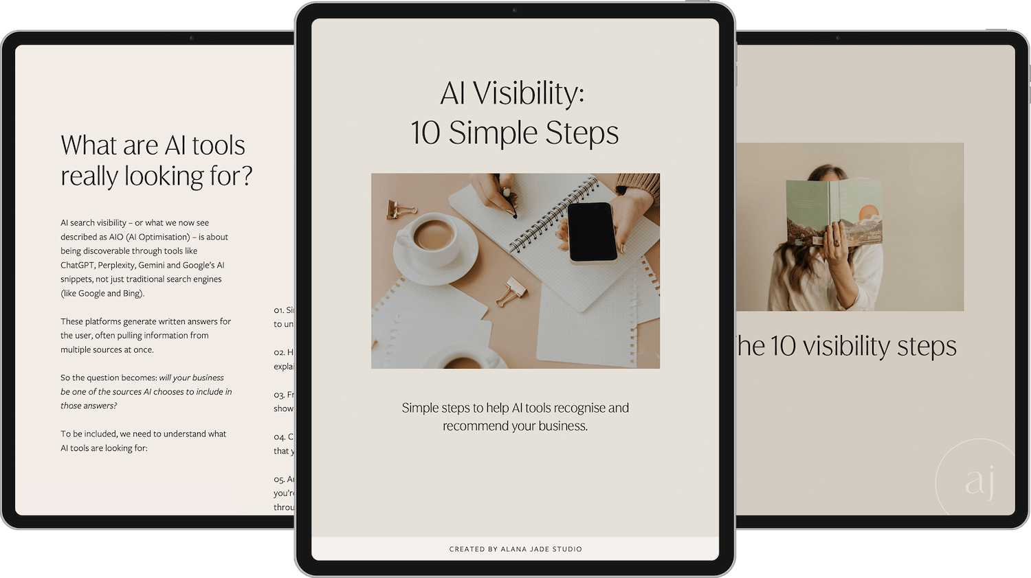 Three tablet screens showing inside pages of the AI Visibility Guide for small business, including the cover, explanatory pages and structured content about AI discoverability.