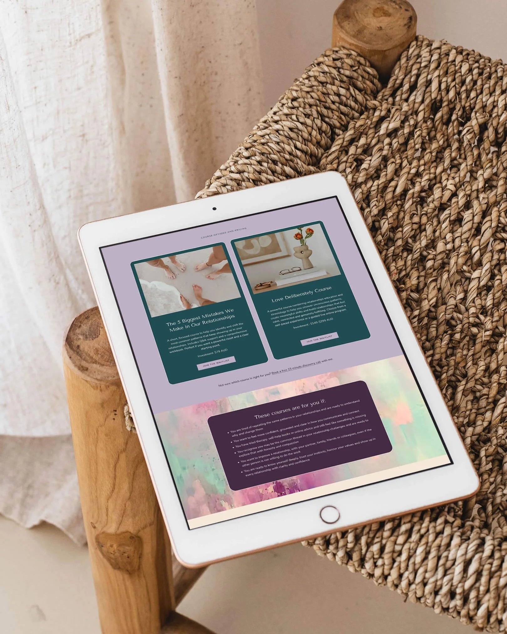 iPad mockup of a teal and lilac Squarespace course pricing page for a relationship coach