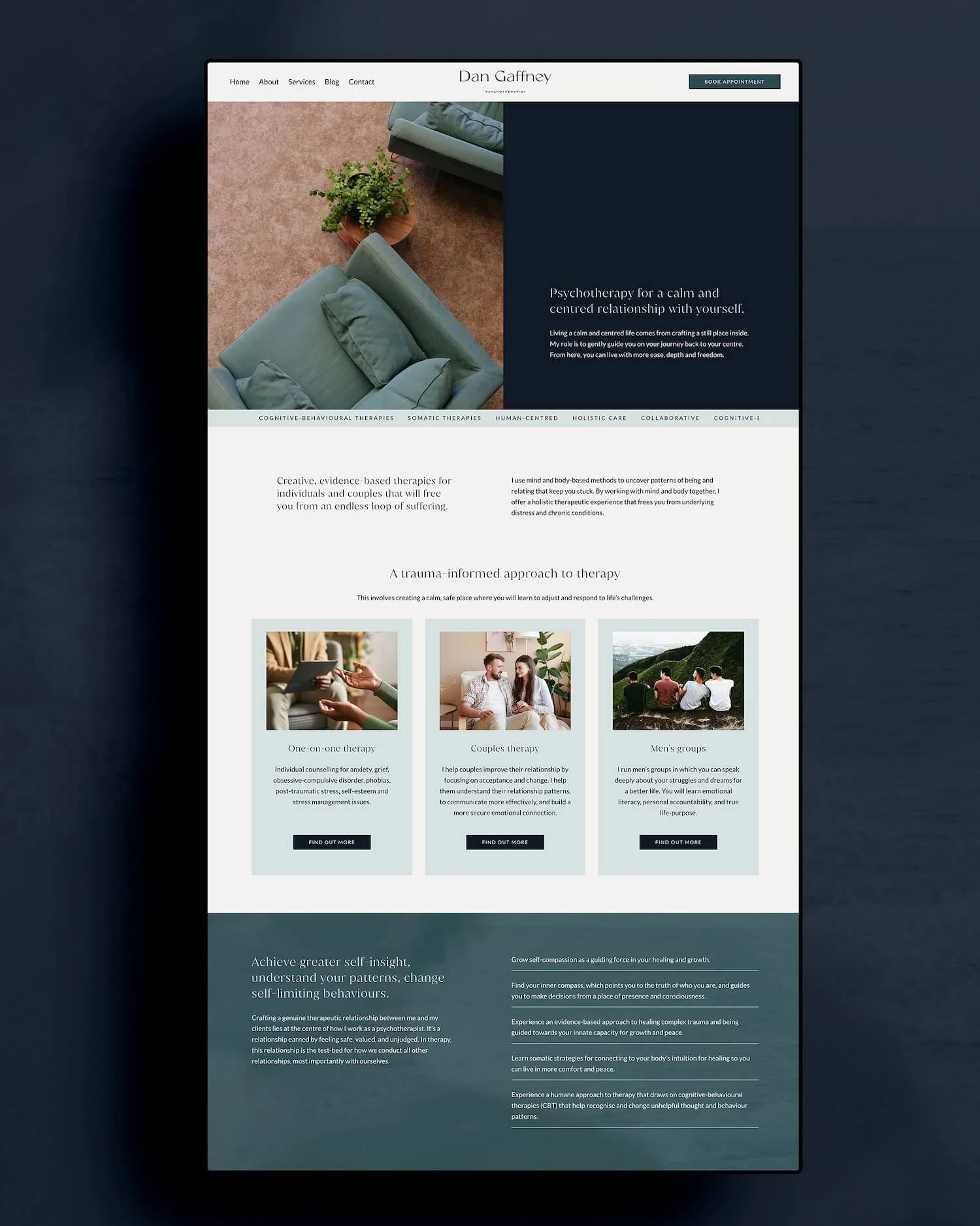 Full page Squarespace website design for psychotherapist Dan Gaffney – desktop mockup showing the homepage layout with split image sections, nature-inspired stock imagery, foam service cards, and a deep navy colour overlay section.