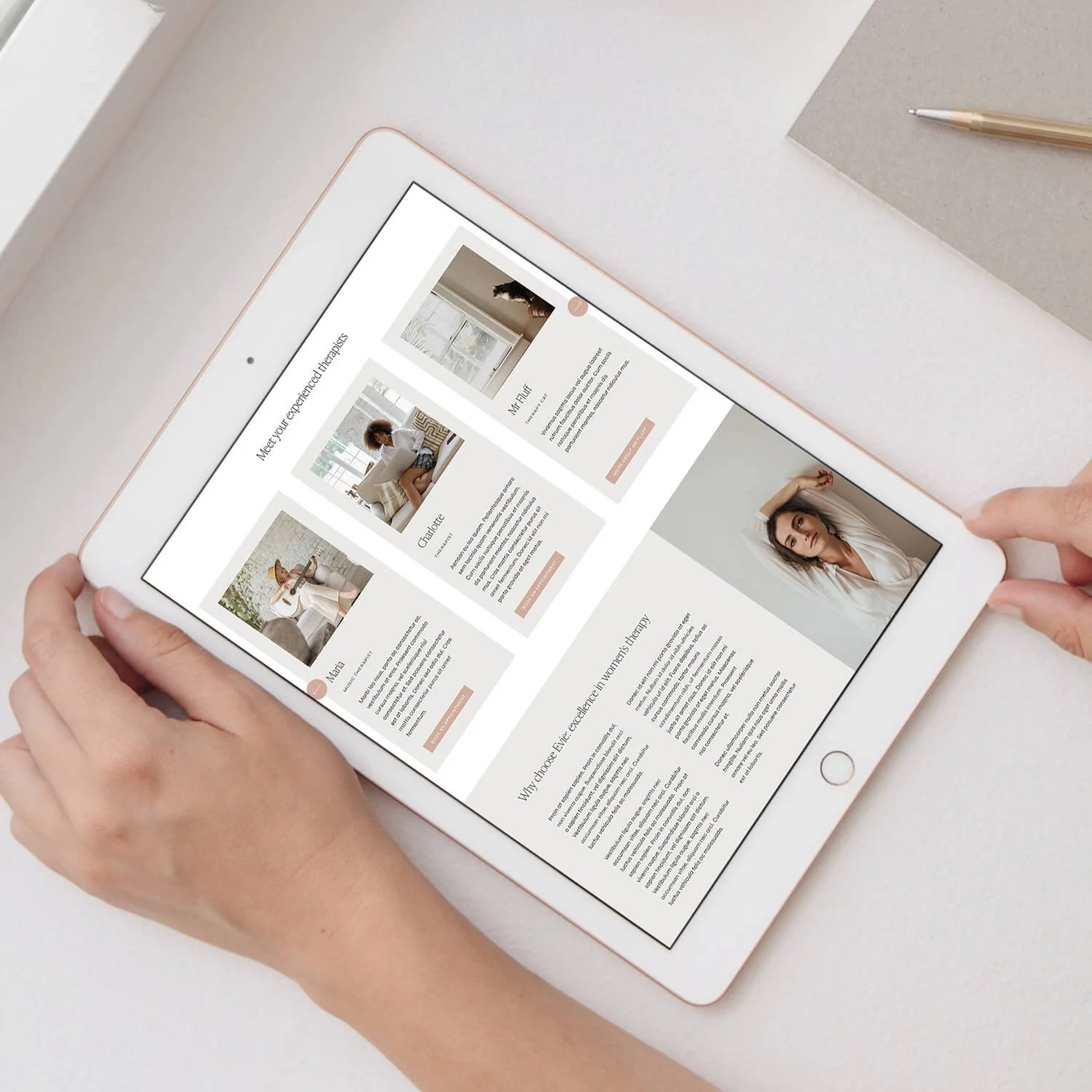 An iPad showing the the team members on a website design for a therapy practice