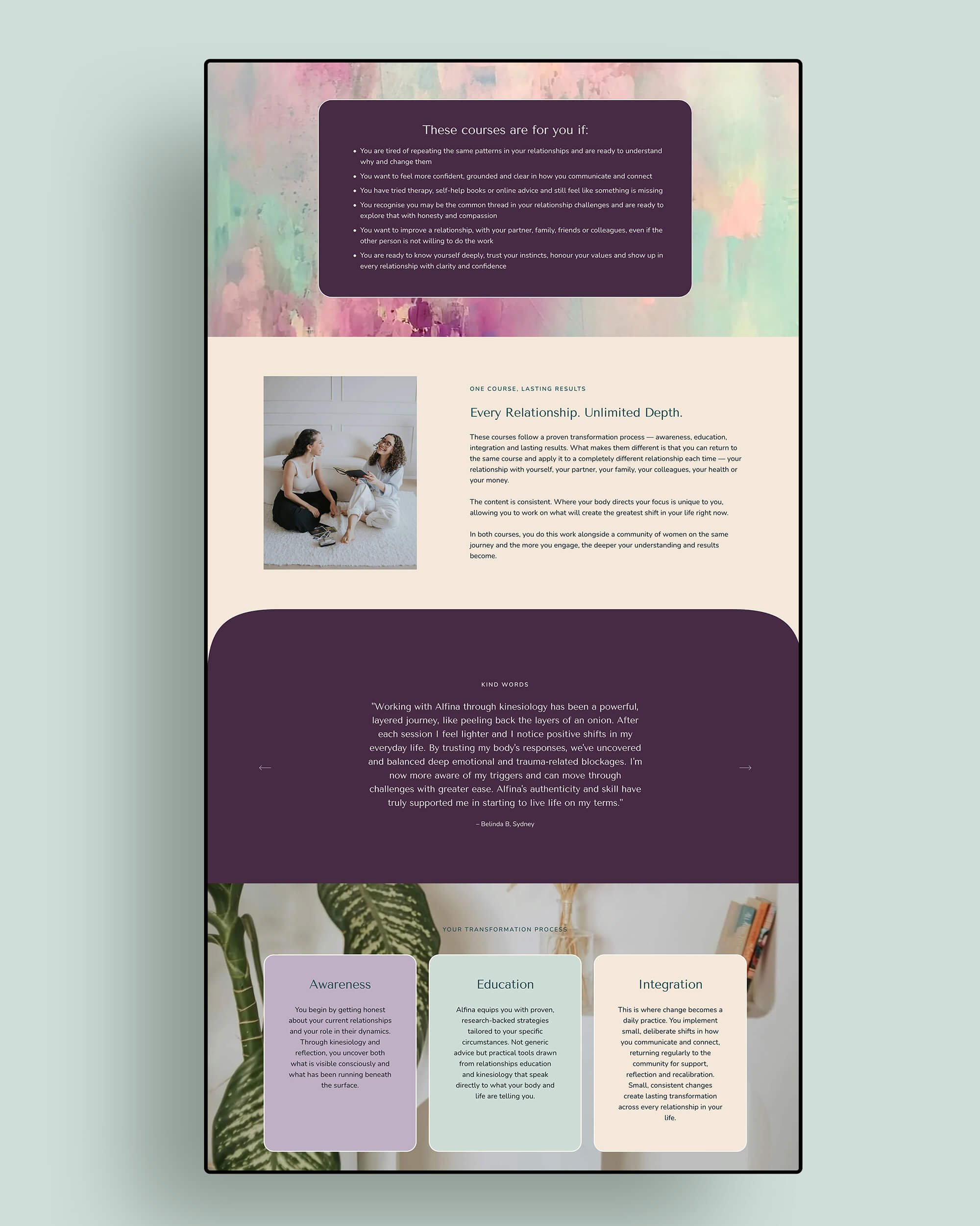 Full scrolling Squarespace website design with testimonial section and process cards in purple, teal and sage