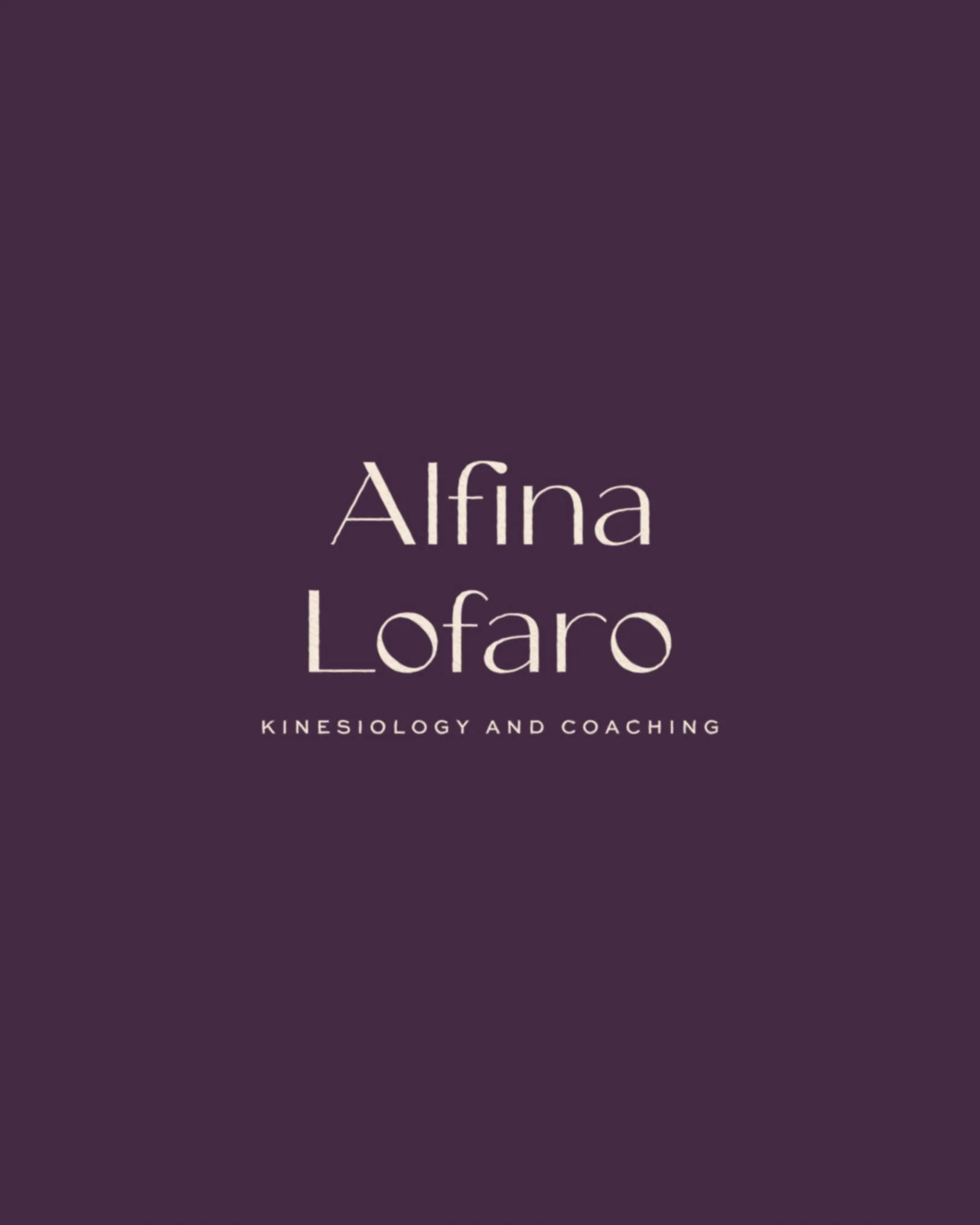 Cream serif logo on a deep purple background for a kinesiology and coaching brand