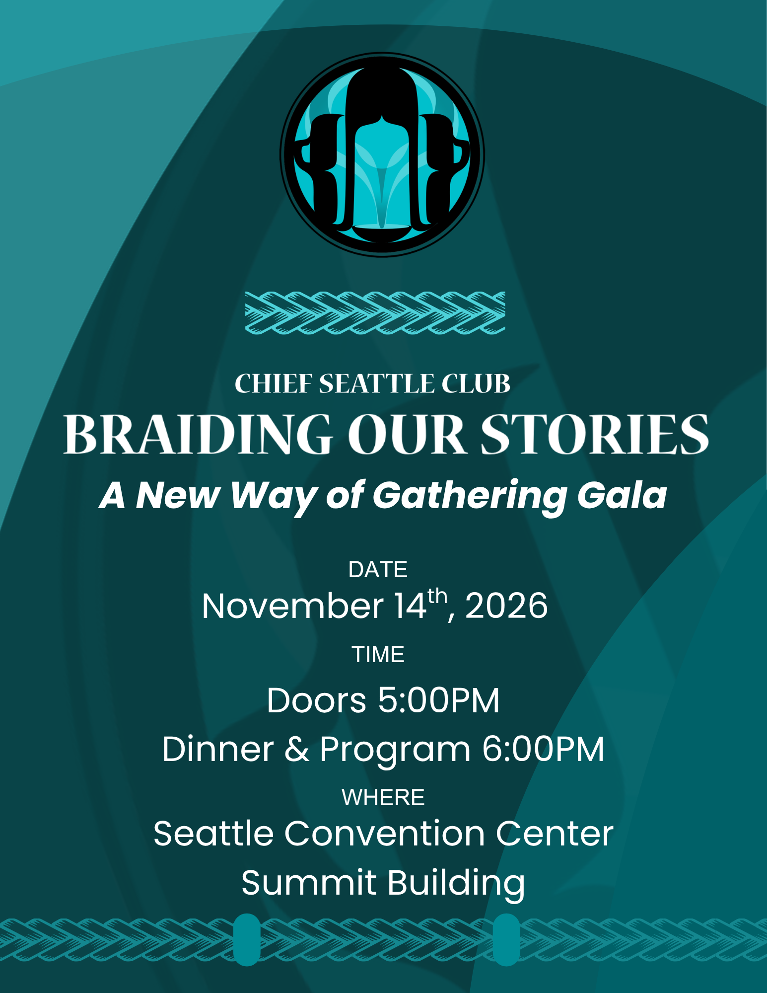 Save the date for Chief Seattle's club first-ever fundraising gala, "Braiding Our Stories: A New Way of Gathering Gala." The event takes place on November 14th with doors opening at 5:00pm and programming starting at 6:00pm.