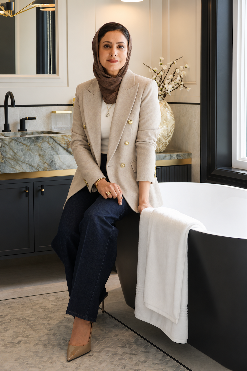 A woman wearing a beige blazer, dark jeans, beige high heels, and a brown hijab sitting on the edge of a black bathtub in a modern, stylish bathroom with a marble countertop, a large vase with white flowers, and a window.