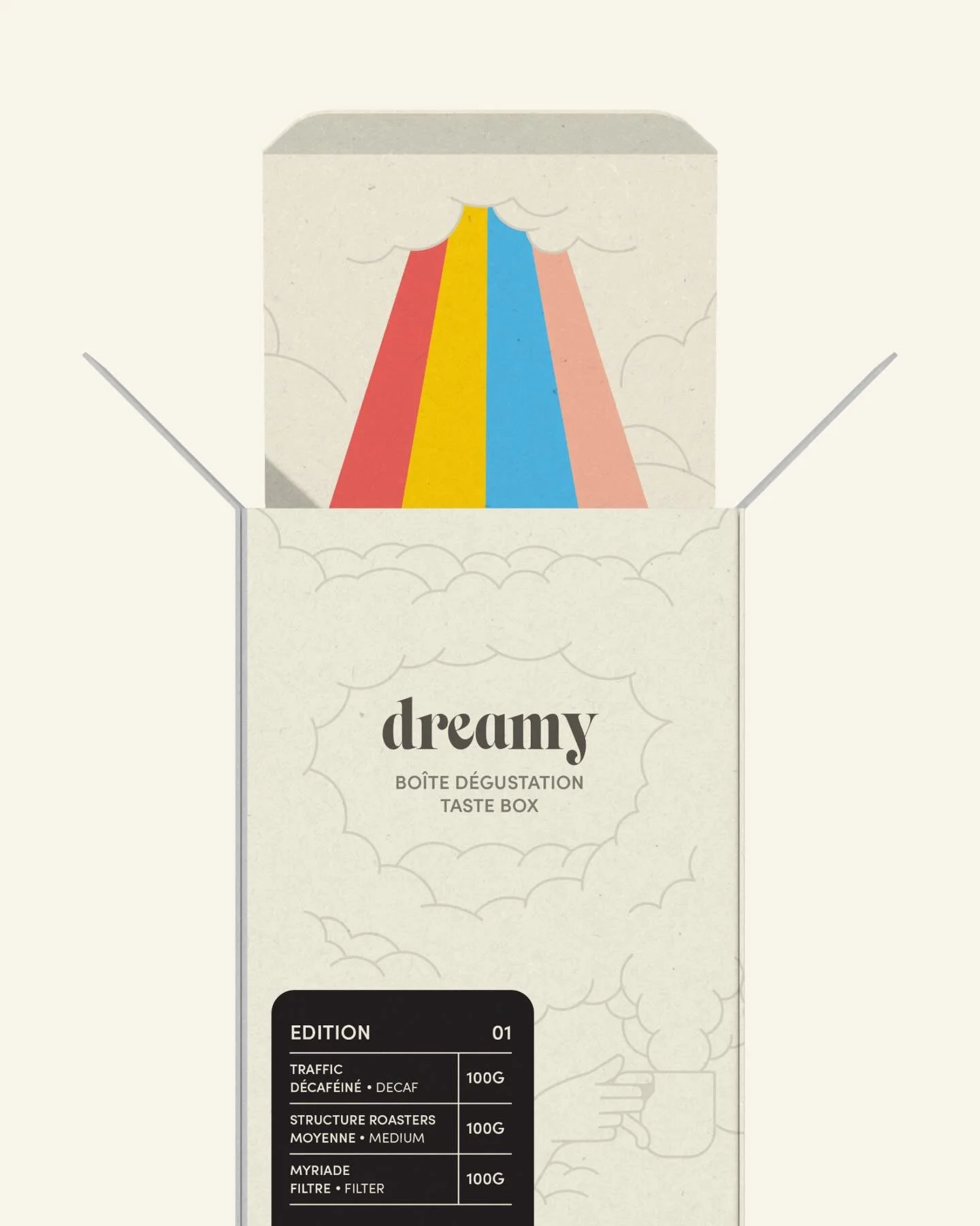Three coffees. Endless rotation. A taste box designed to feature any of the brands Dreamy roasts for. Coming to a coffee shop near you. And probably online.