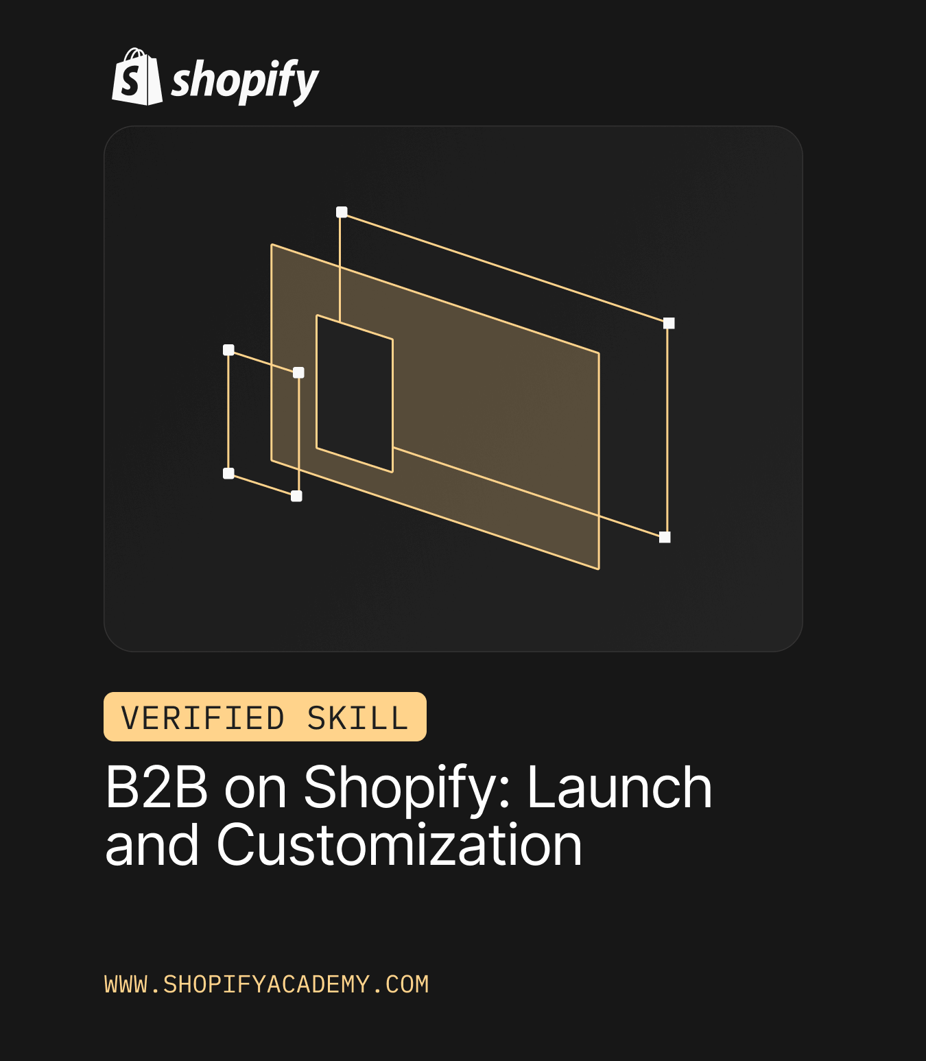 Shopify logo with a dark background and an abstract graphic of layered rectangles, advertising a verified skill course titled 'B2B on Shopify: Launch and Customization' from Shopify Academy.