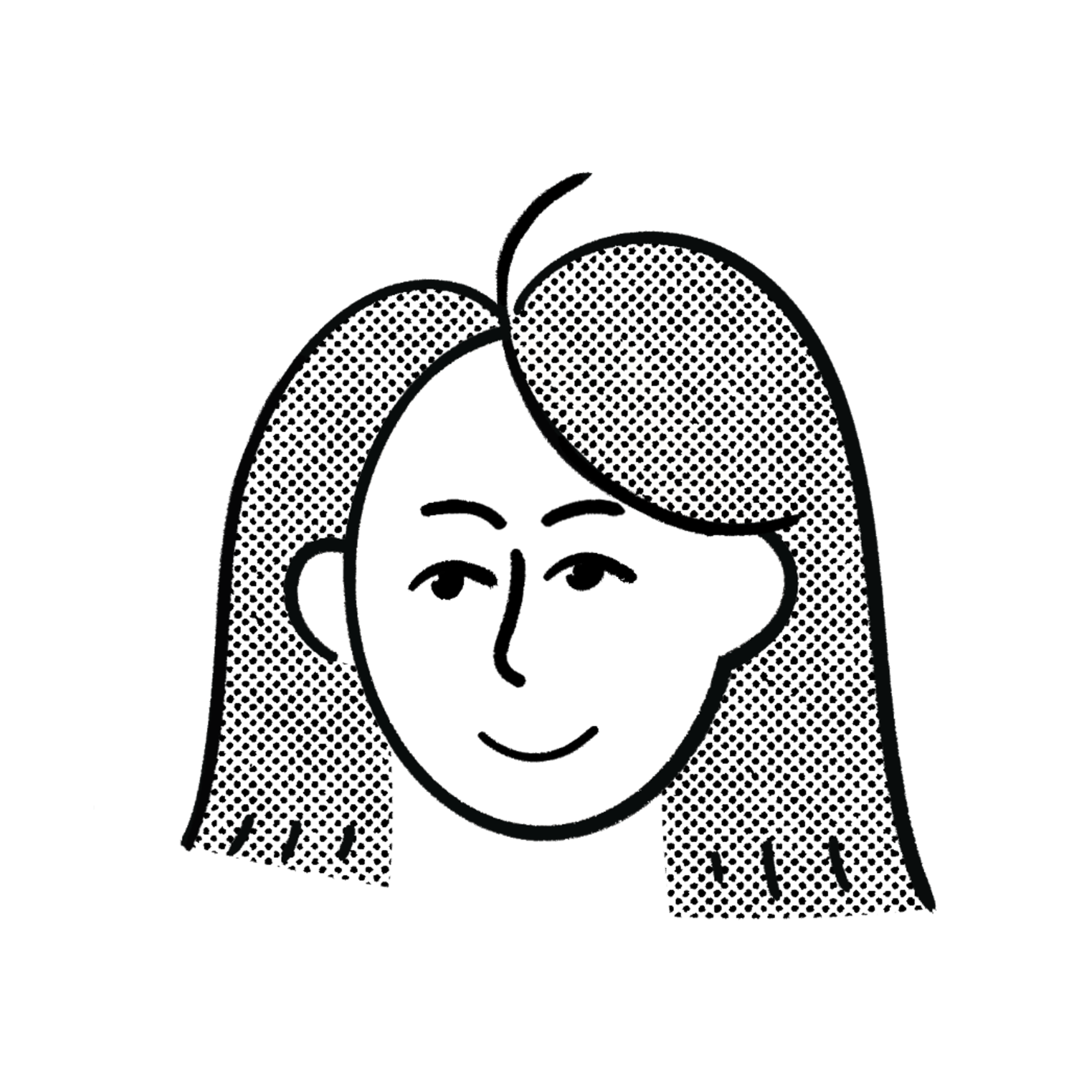 Cartoon illustration of a person with curly hair, smiling, with a red shadow on the right side of their face.