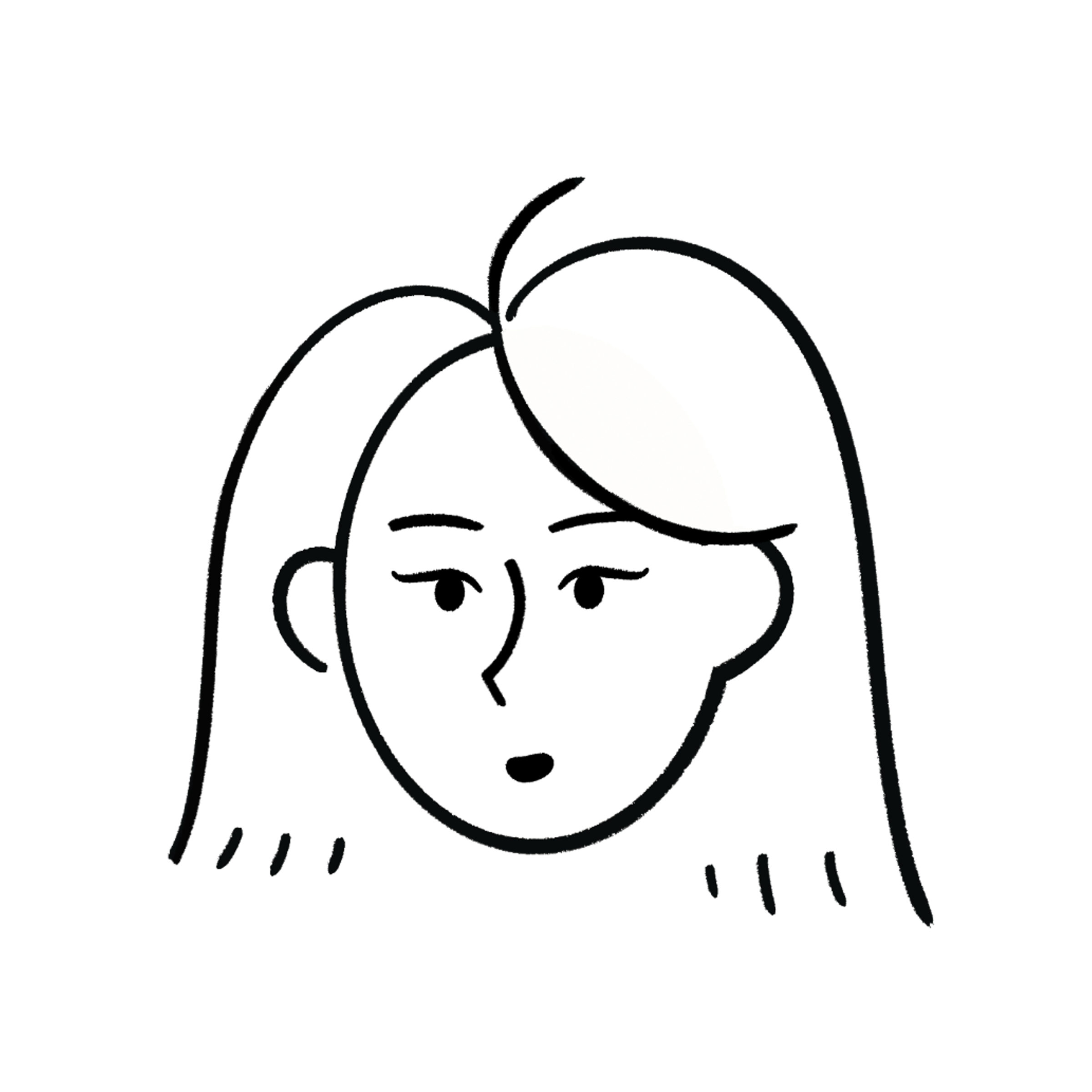 Black and white line drawing of a woman with long hair, wearing glasses, with a confused or thoughtful expression.