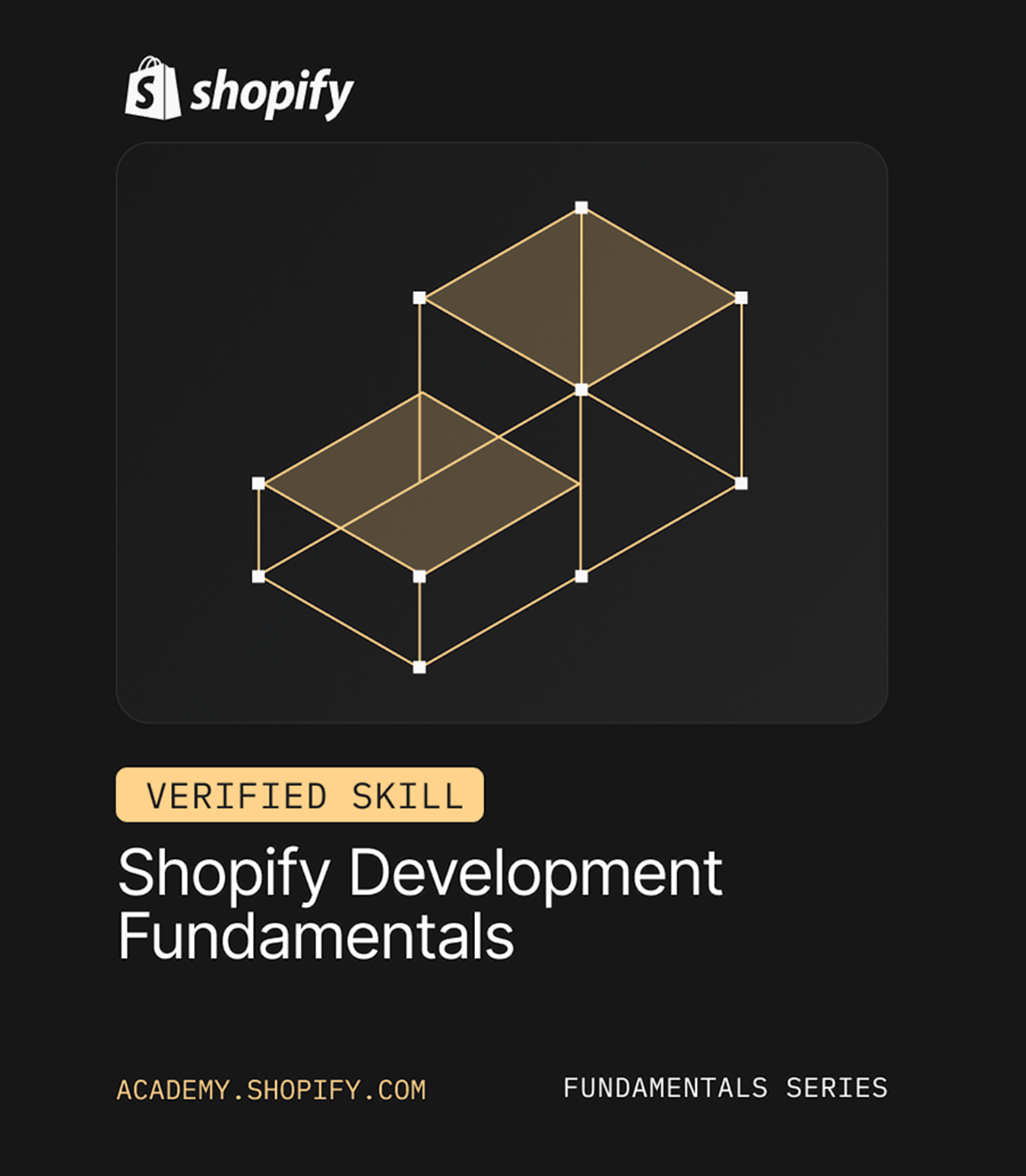 Shopify Development Fundamentals course cover featuring a geometric 3D box design on a black background.