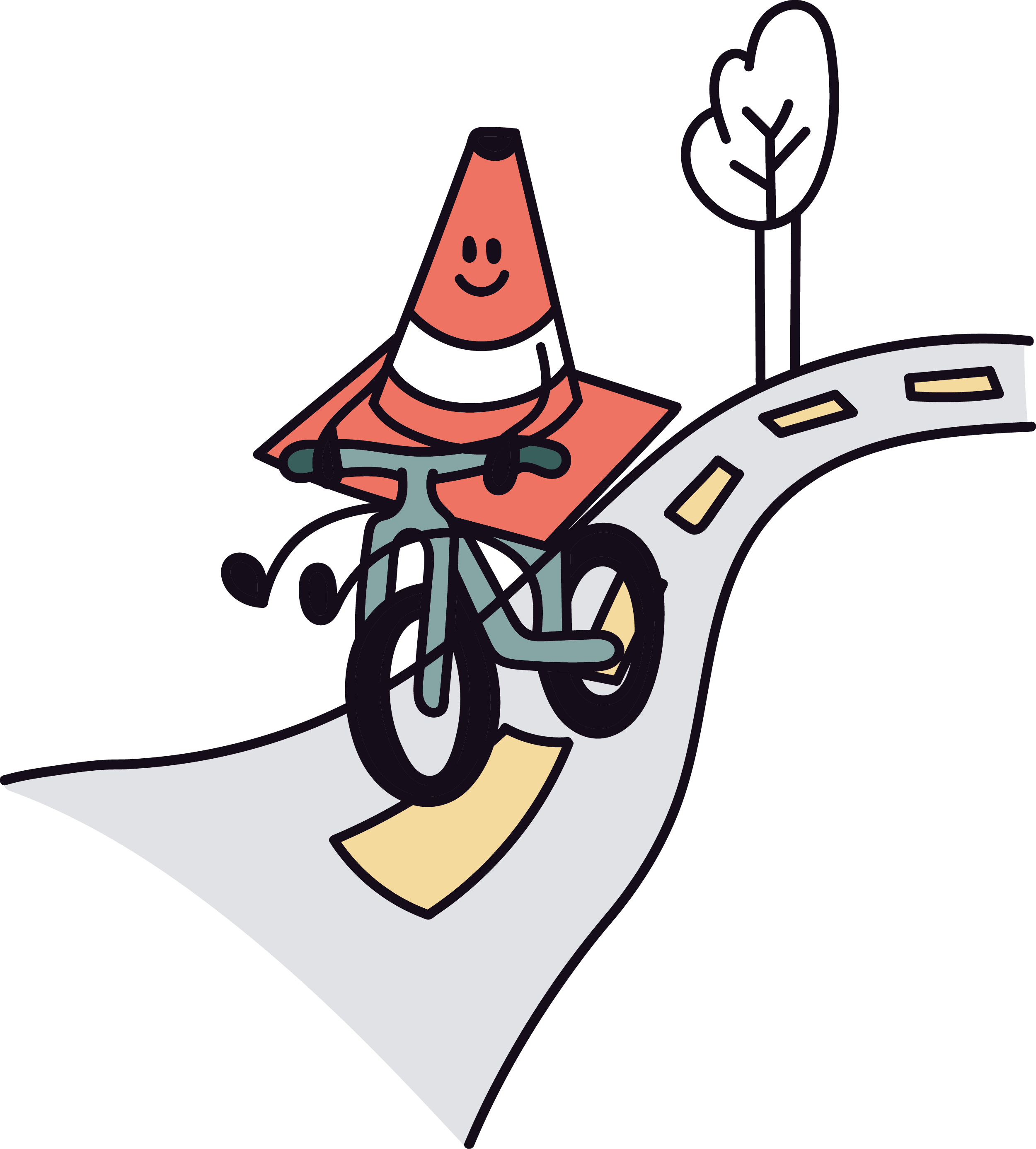 A cartoon drawing of a person with a triangular face, smiling, sitting at a table with a plant and a glass, with a road and a tree in the background.