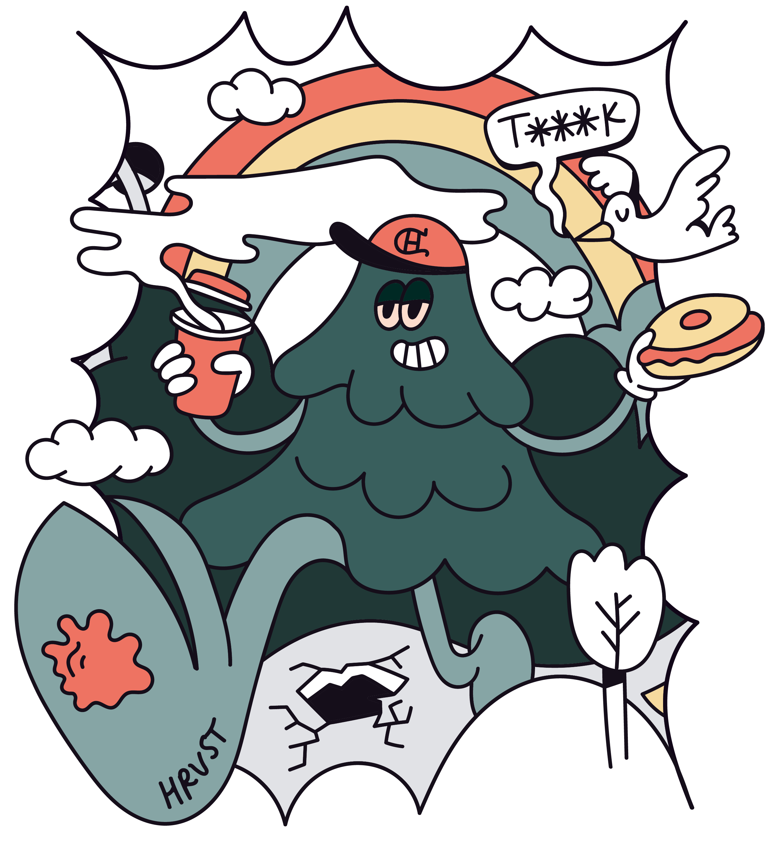Cartoon illustration of a large green dinosaur with a rainbow, clouds, and a starry sky background. The dinosaur is holding a drink and a burger, wearing sunglasses, with a speech bubble saying "T***K" and words "HYPESTORY" on its body.