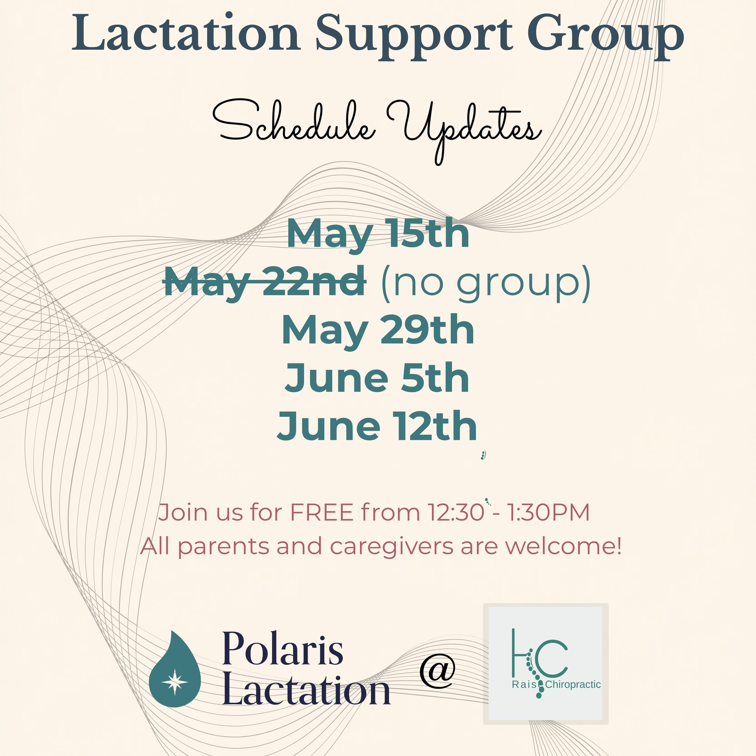 Lactation Support Group &mdash; happening TODAY, May 15th!

Join Polaris Lactation at Raise Chiropractic for a free, welcoming space where all parents and caregivers can come together for support and connection.

Today from 12:30 to 1:30 PM and it's 
