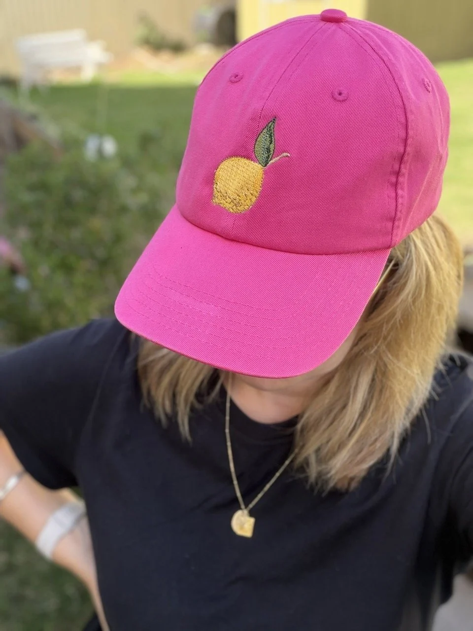Hot pink cap embroidered with lemon design 4Pippy Sheehan Australian artist  Large.jpeg