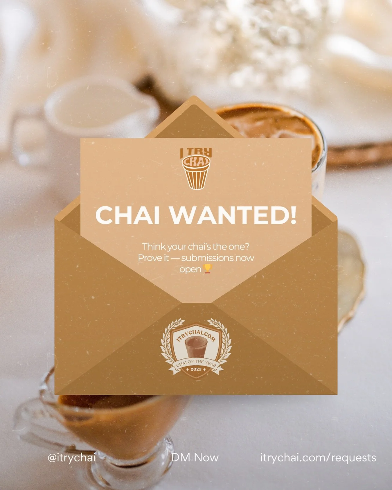 Every year, I Try Chai crowns one blend the ultimate Chai of the Year- and this time, your chai could take the title ☕️🏆
If you&rsquo;re a chai brand ready to show what you&rsquo;ve got, now&rsquo;s your chance! 

Submit your blend and ship no later