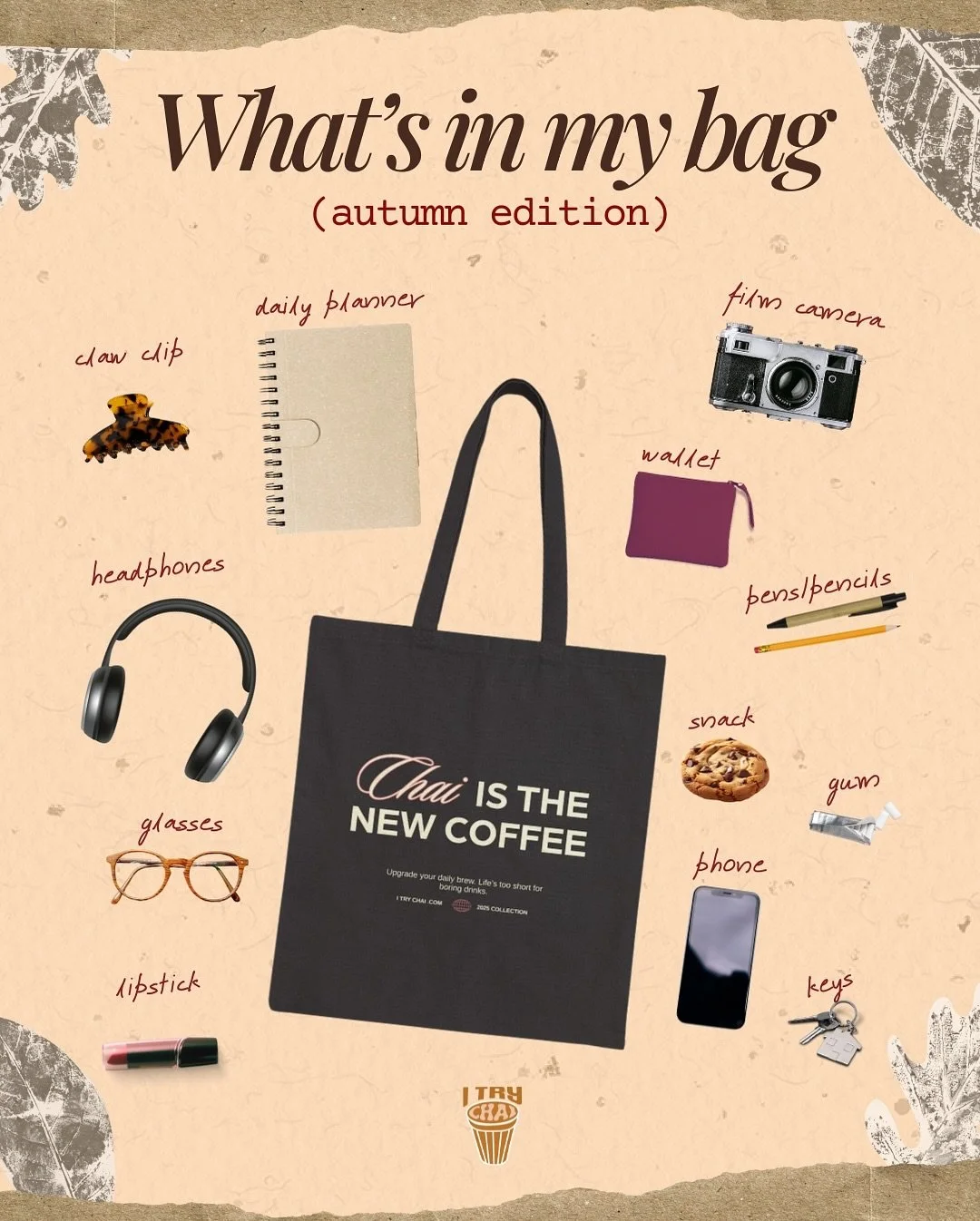 What&rsquo;s in your bag? 💼
Shop the tote now only at itrychai.com 🔗

#chaimonth #chailovers #chaigifts #chaitime #itrychai #chaimonth