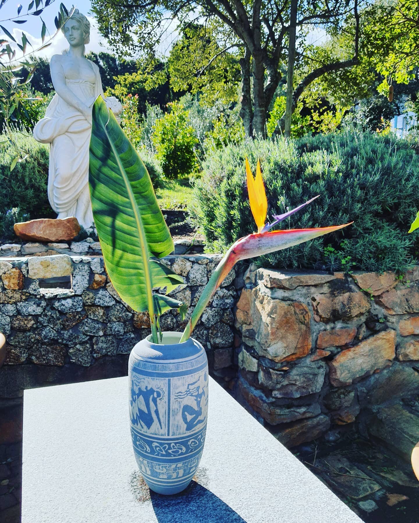 A beautiful floral arrangement in front of the statute of the goddess flora. The Strelizia is one of South Africas national flowers @kinghornsgardens #thisissouthafrica #capetownsouthafrica #capetown #nature #strelitzia #noordhoek #luxuryselfcatering