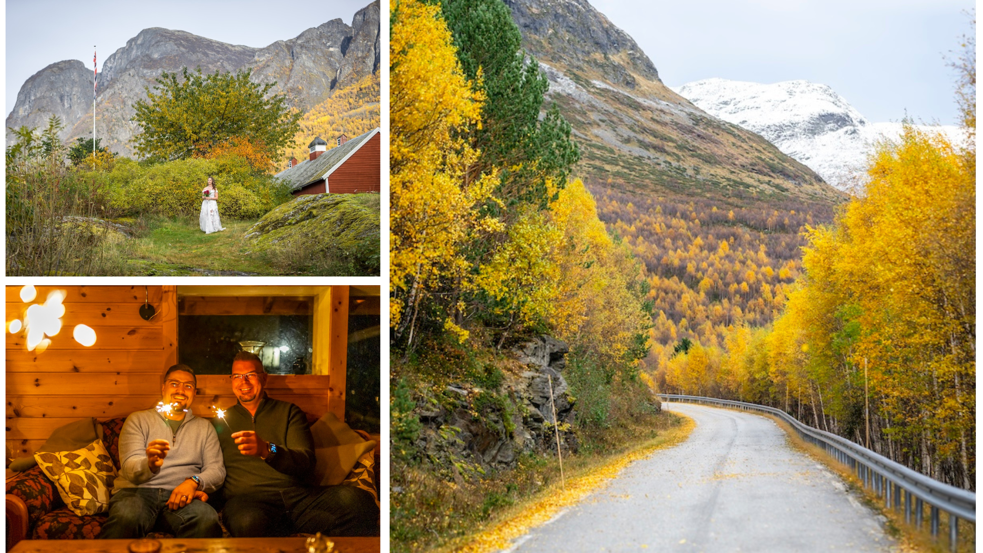 A collage of three images: the top left shows a woman in a white dress holding a bouquet standing on a grassy area with mountains and a red building in the background; the top right displays a scenic mountain landscape with colorful fall foliage and 