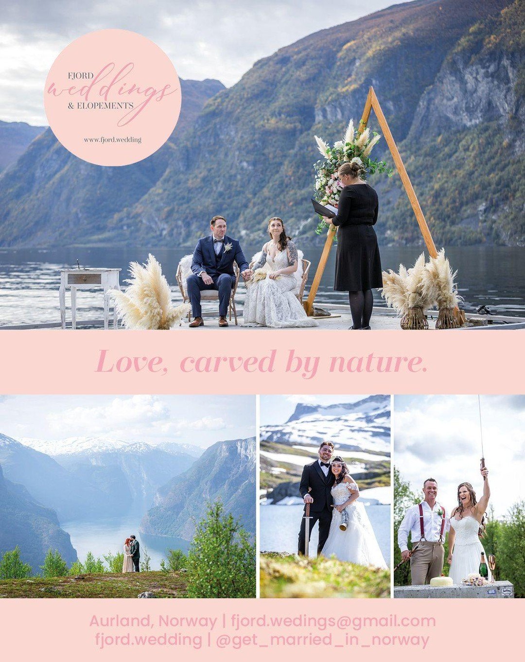 A waterfront ceremony with flowers and pampas grass. A Viking-inspired celebration on a mountaintop. Champagne and laughter with the fjords as your backdrop. Whatever your vision, we build your day around it.

Fjord Weddings &amp; Elopements is Norwa