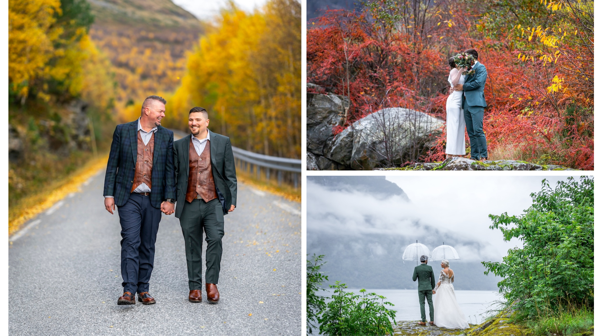 Three images of couples in scenic outdoor settings. The first shows two men walking hand in hand on a fall-lined road, smiling. The second features a couple in wedding attire embracing among red autumn foliage and rocks. The third depicts a couple in