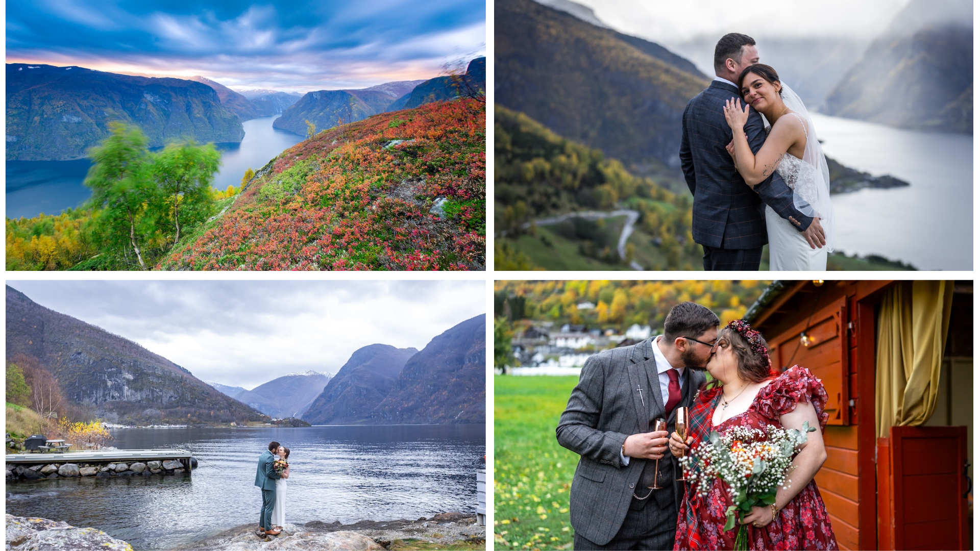 Collage of four outdoor scenes: first image shows a scenic view of a fjord with colorful autumn foliage and mountains; second image is a couple in wedding attire embracing on a hill overlooking a lake and mountains; third image depicts a couple in we