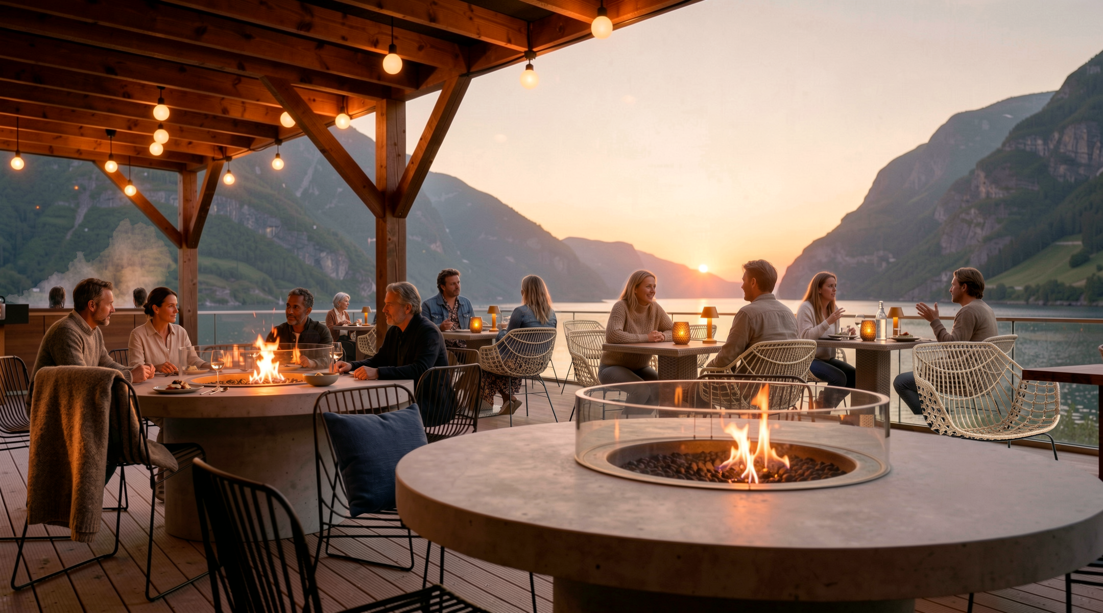 Outdoor diners in the historic Undredal pier.

