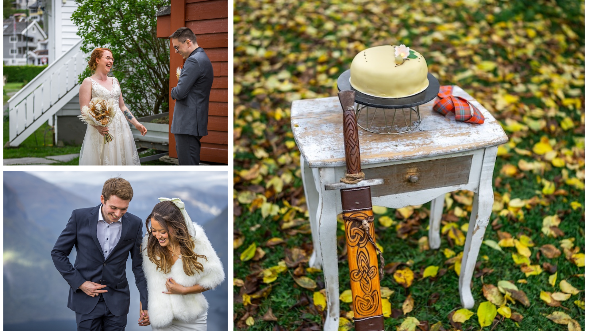 Collage of wedding photos: top left shows a bride in a white lace dress holding a bouquet, chatting with a groom in a gray suit outside near a red house. bottom left features a groom and bride walking outdoors over a mountain background, both smiling
