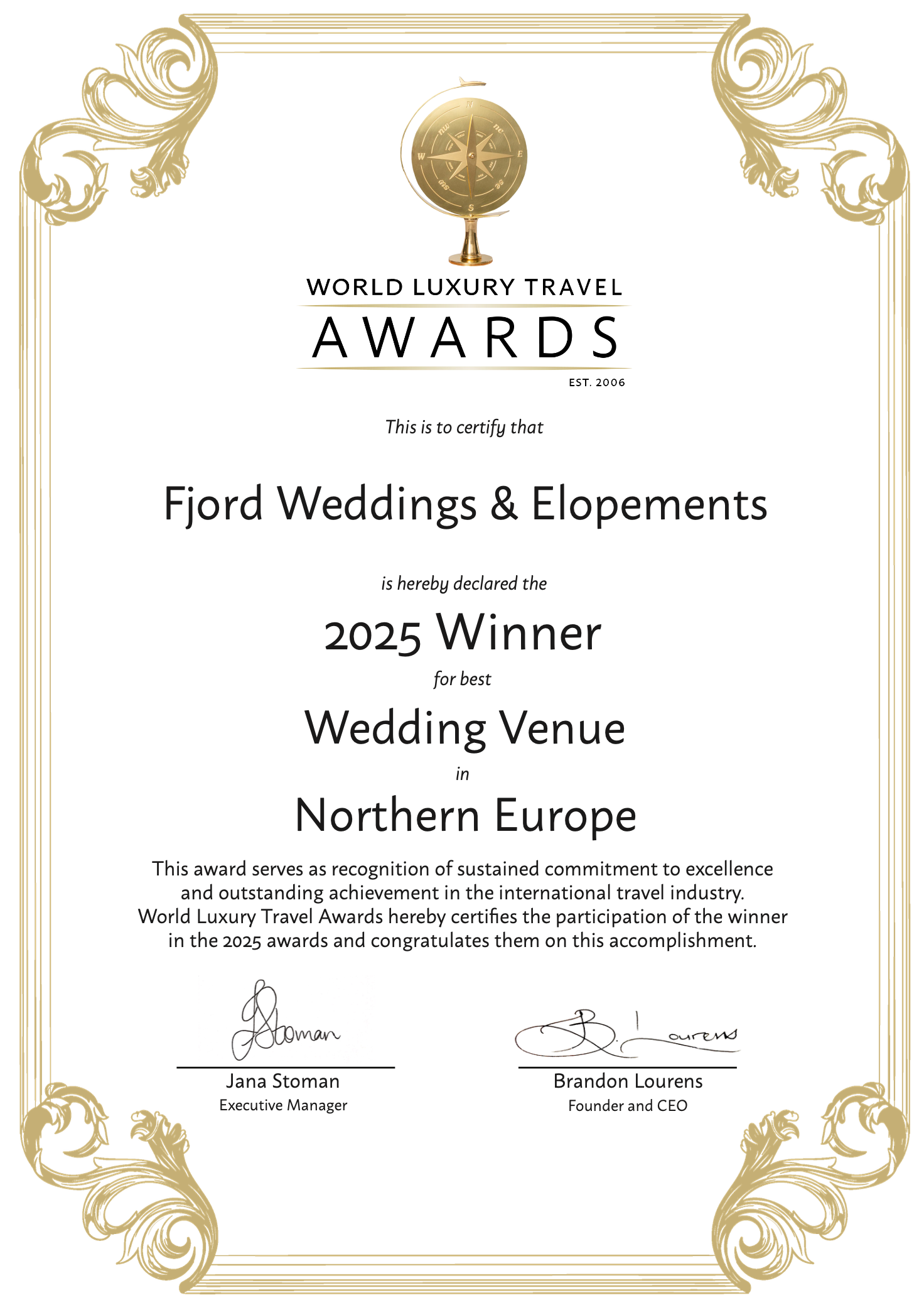 Certificate of award from World Luxury Travel Awards, awarded to Fjord Weddings & Elopements for best wedding venue in Northern Europe, signed by Jana Stoman and Brandon Lourens.