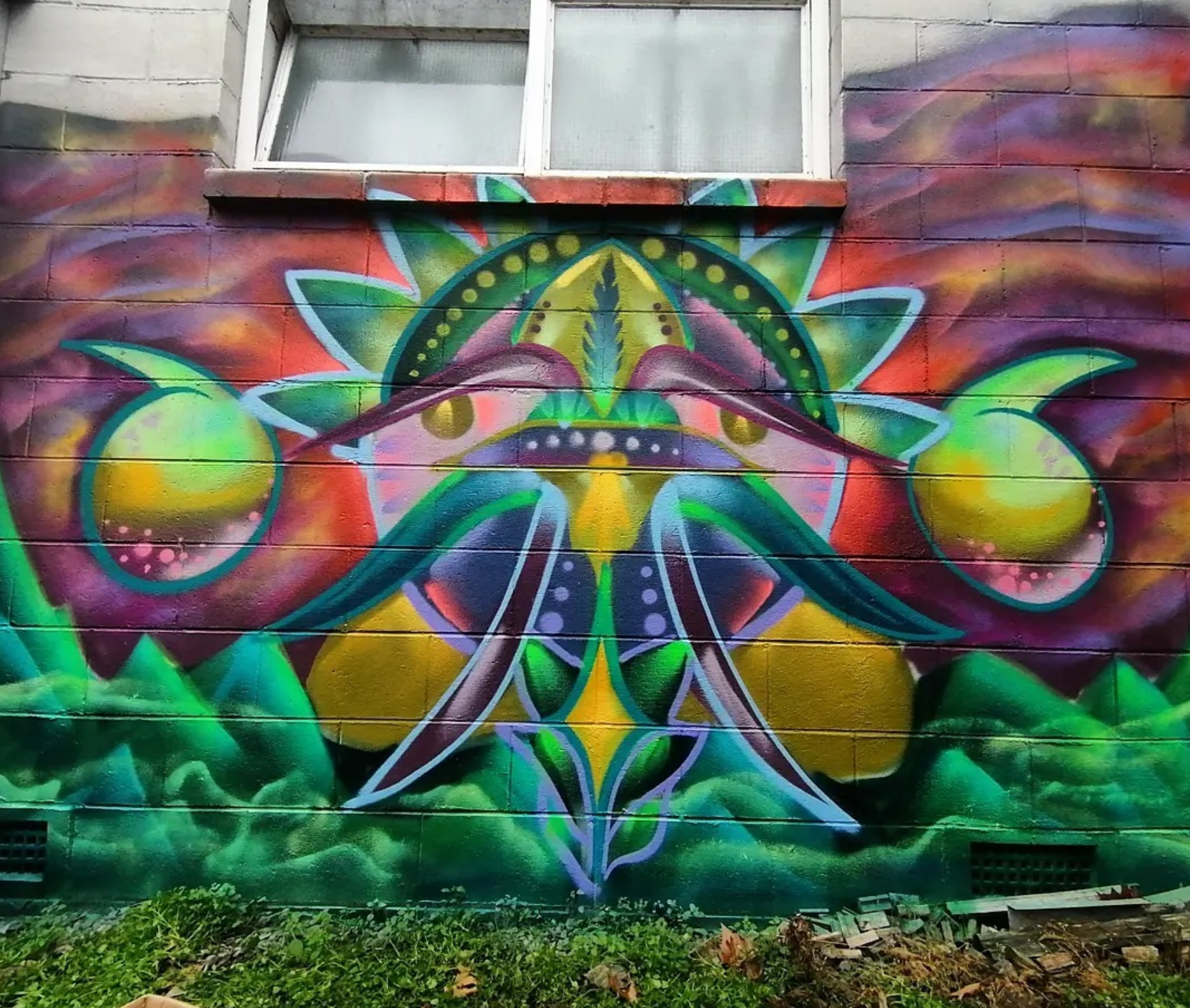 Colorful graffiti mural on a brick wall depicting a stylized butterfly with symmetrical green, yellow, and purple patterns, surrounded by vibrant abstract background resembling flames or energy.