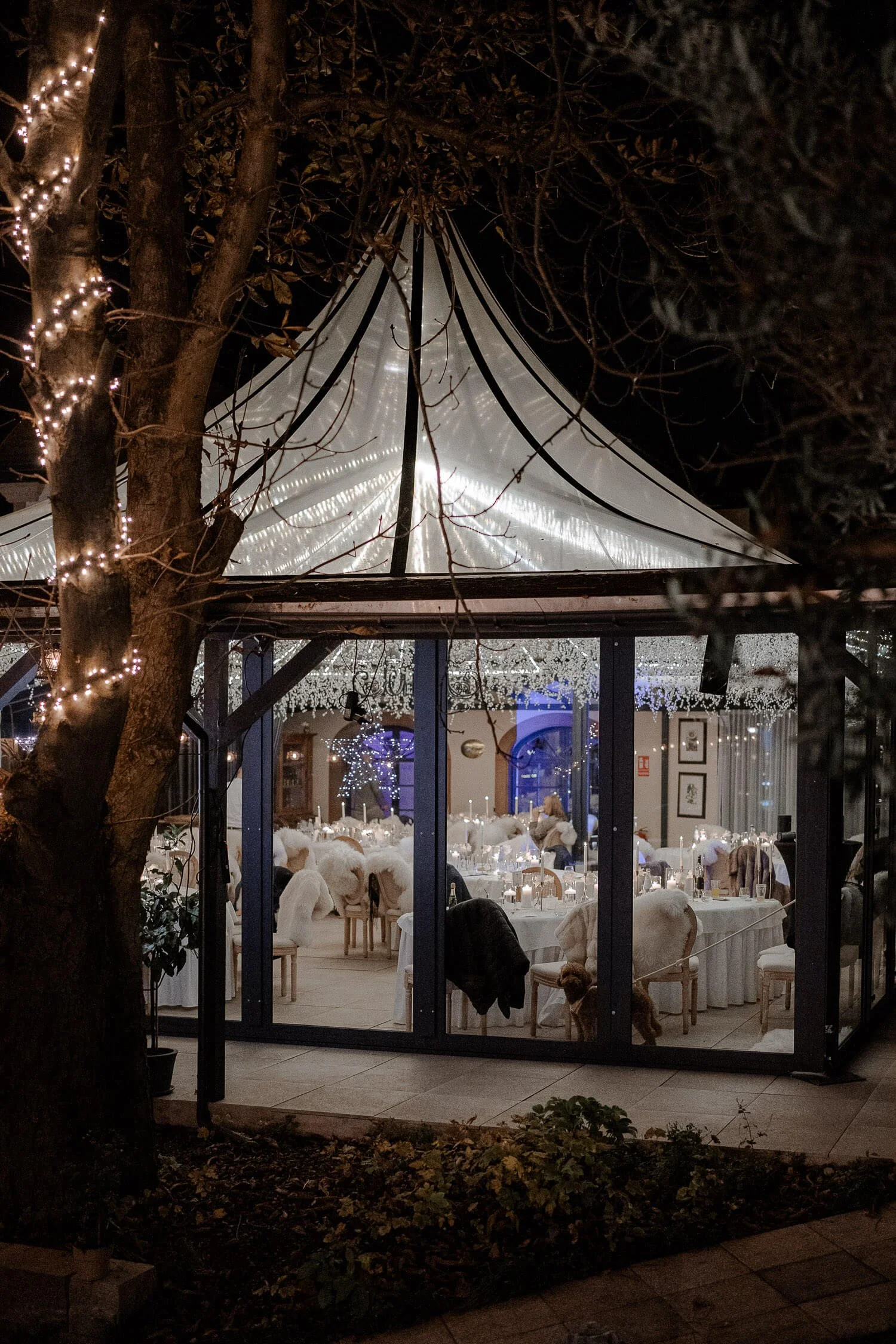 Morrhof Hochzeit: Glaspavillon bei Nacht mit Lichterketten – Hochzeitslocation Morrhof in Großkarlbach (Pfalz)