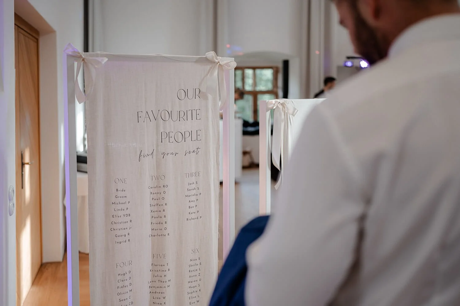 Eleganter Hochzeitssitzplan mit Gästenamen auf Stoffbanner