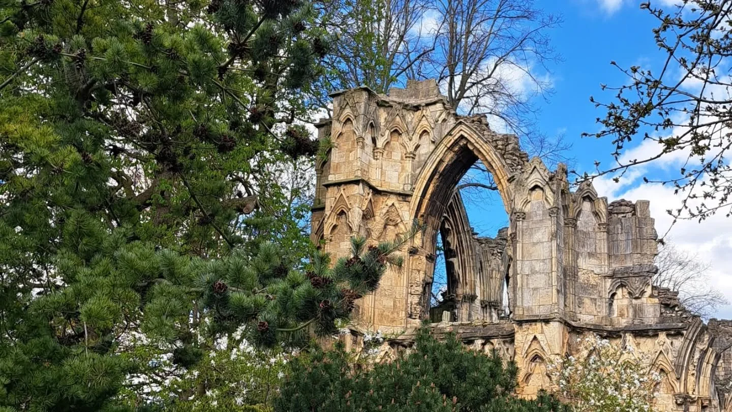 Ruins of an old Gothic-style stone building surrounded by trees under a partly cloudy sky.