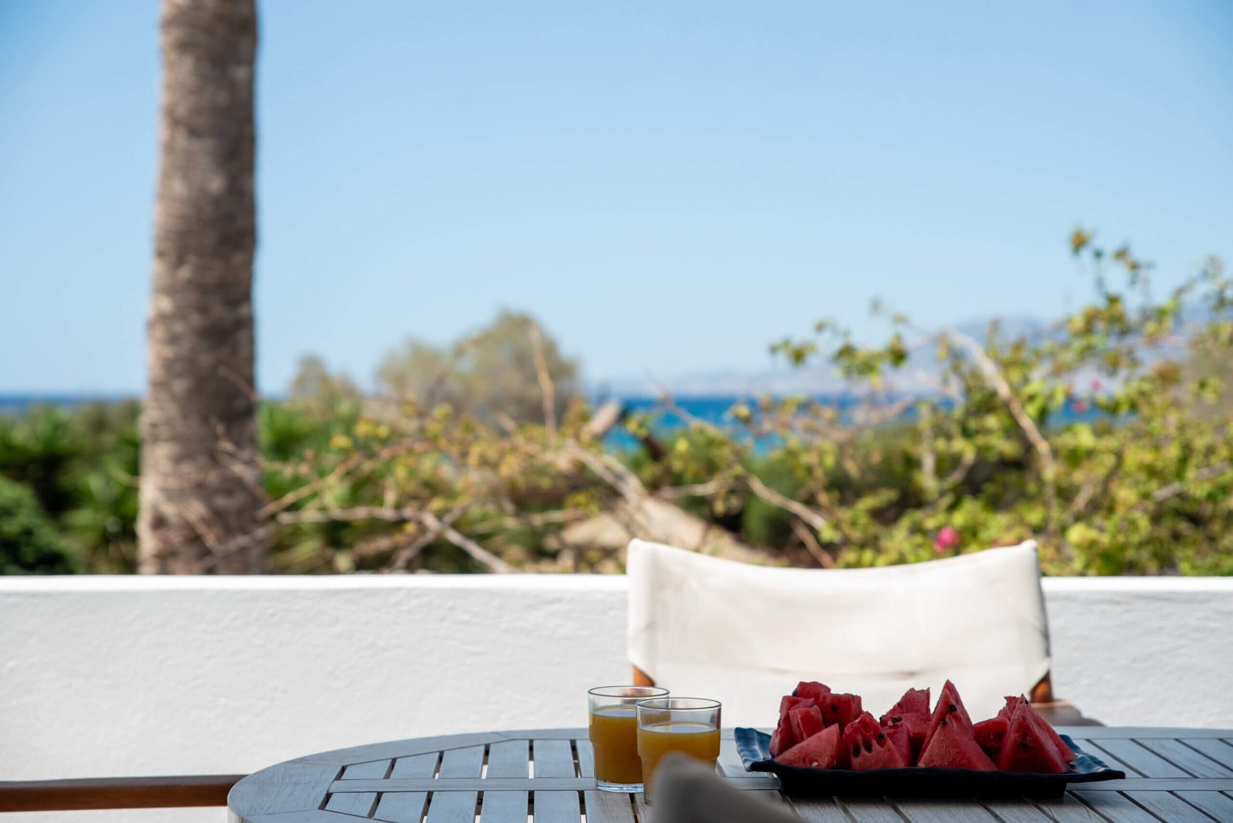A table with sliced watermelon and two glasses of orange juice, set outdoors with a scenic view of trees, shrubs, and a blue sky in the background.
