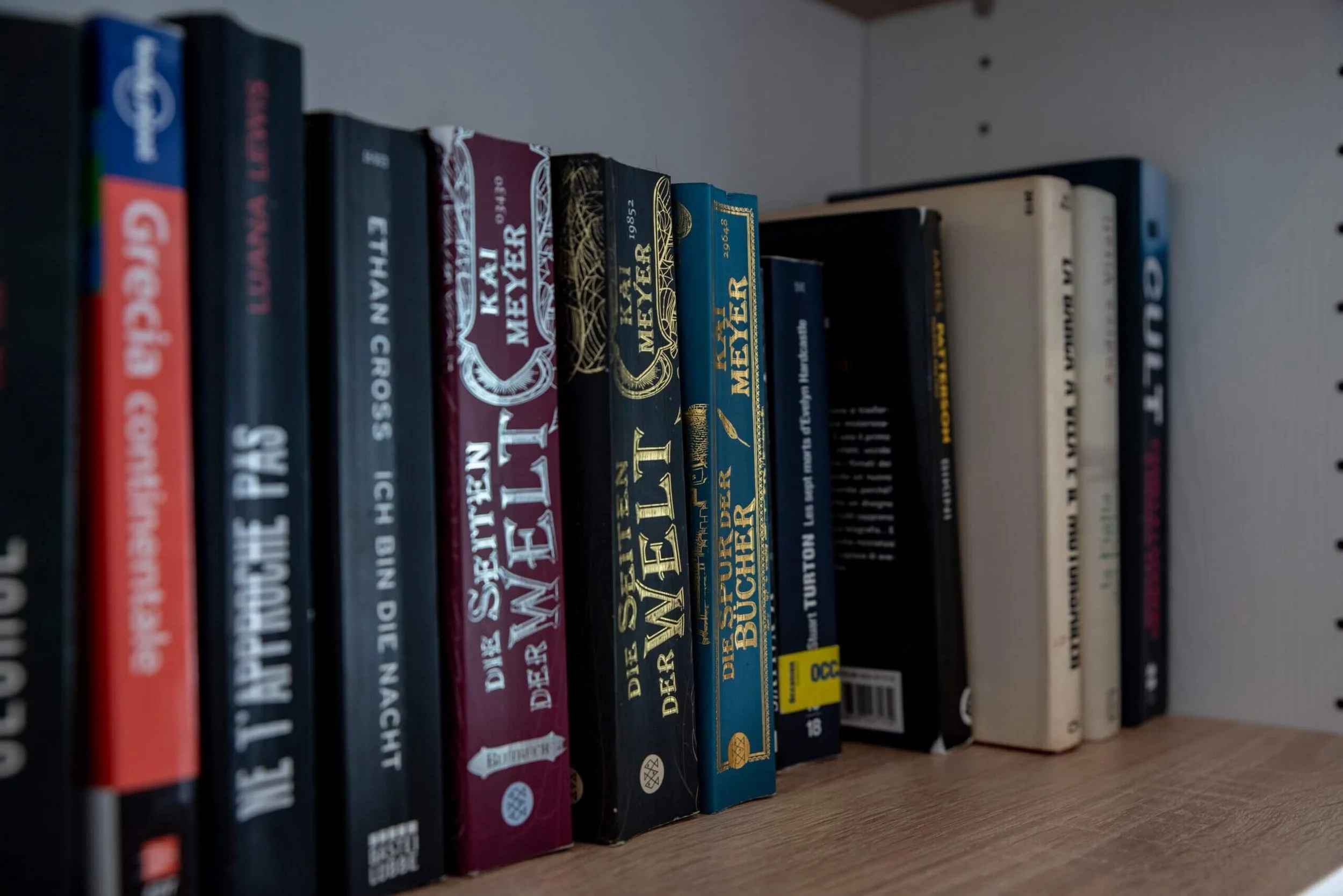 A bookshelf with several books, including titles in German and English, arranged vertically on a wooden shelf.