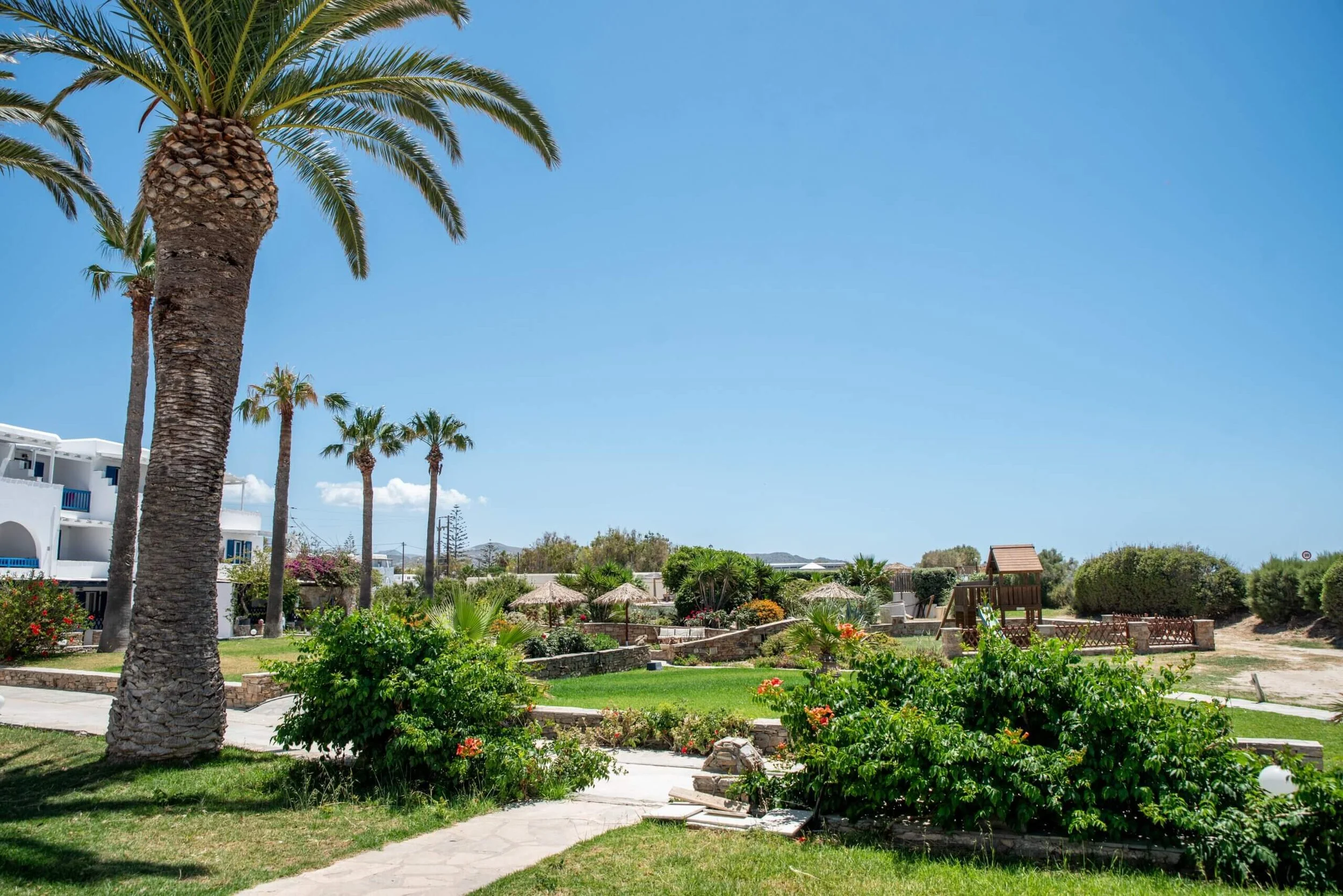A sunny day scene with tall palm trees, green bushes, and well-maintained lawns in a landscaped garden area near white buildings with balconies and blue accents, under a clear blue sky.