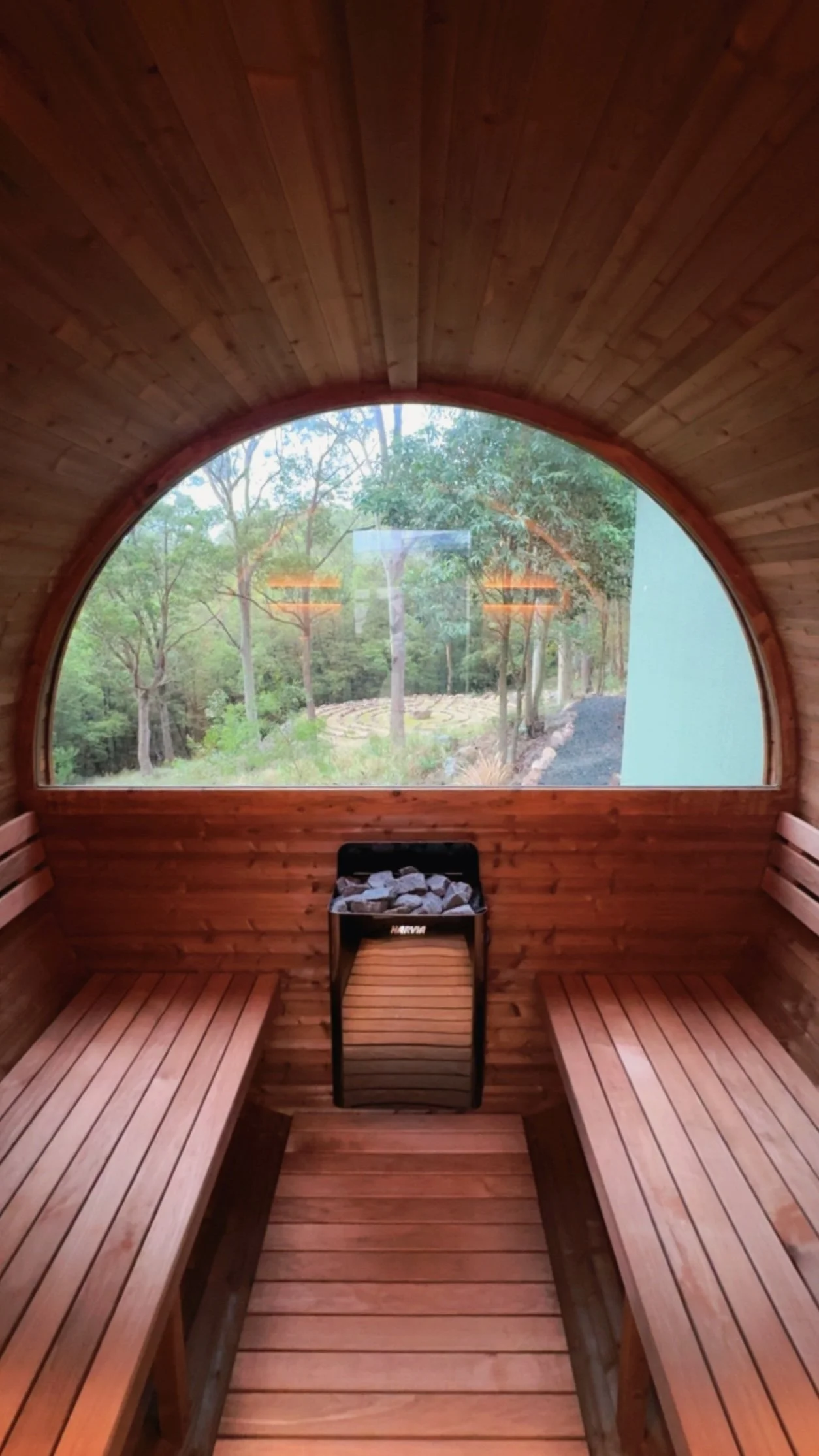 Traditional Barrel Sauna with view of the Meditation Labyrinth