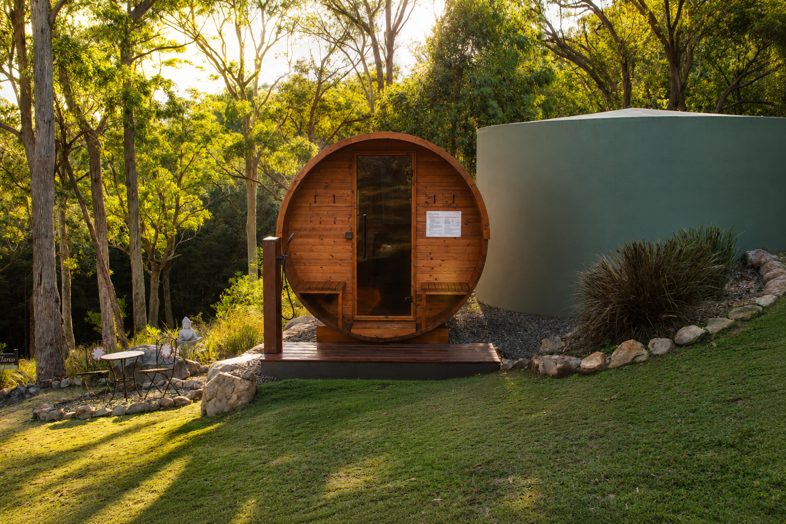 Traditional Barrel Sauna + Cold Water Hand Shower for Contrast Therapy