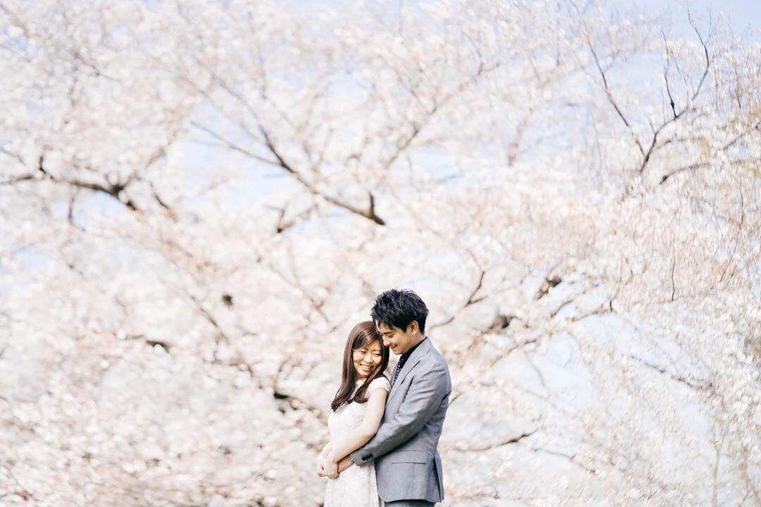 A couple in wedding attire embracing under cherry blossom trees in bloom.