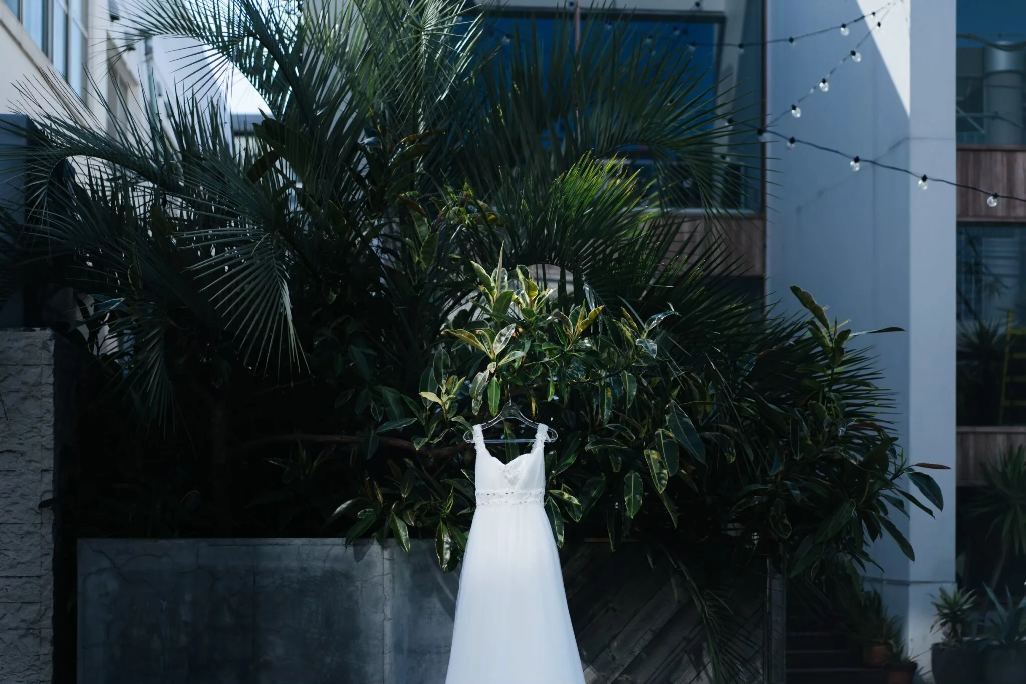 A white dress hanging on a hanger in front of lush green tropical plants outdoors, with string lights overhead.
