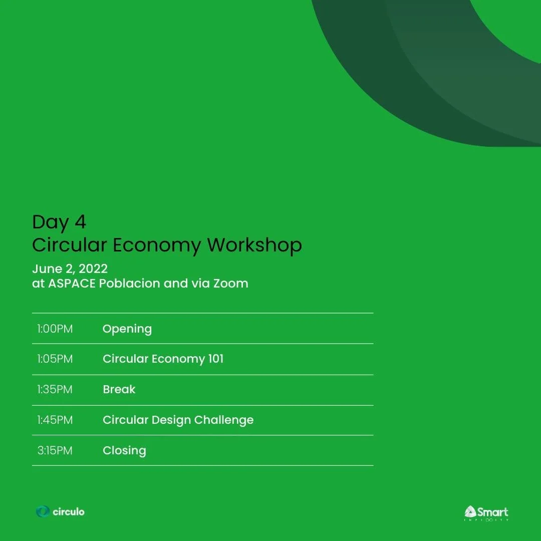 For the last day of Designing For Infinity: Dialogues on Circular Fashion, learn the Circular Economy principles through an interactive workshop, simultaneously happening via Zoom and on location at ASPACE Poblacion. 

Slots are still available for t