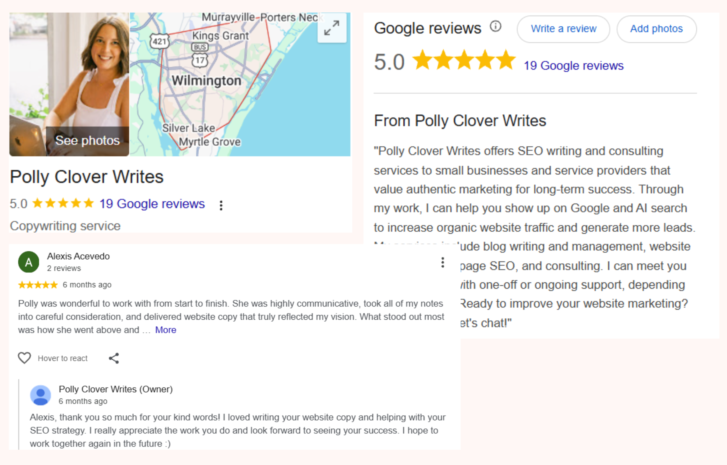 Example of Google Business Profile of Polly Clover Writes, including reviews and local map.