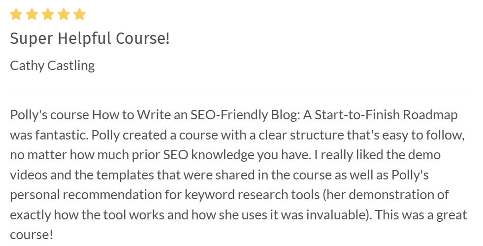 Review of 5 stars for the How to Write an SEO-Friendly Blog: A Start-to-Finish Roadmap course.